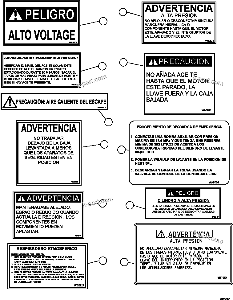 Komatsu parts book diagram for AFE59-GH 930E-4 S/N A31966 - A31967  PENASQUITO: DECALS & WARNINGS (SPANISH)     1/5