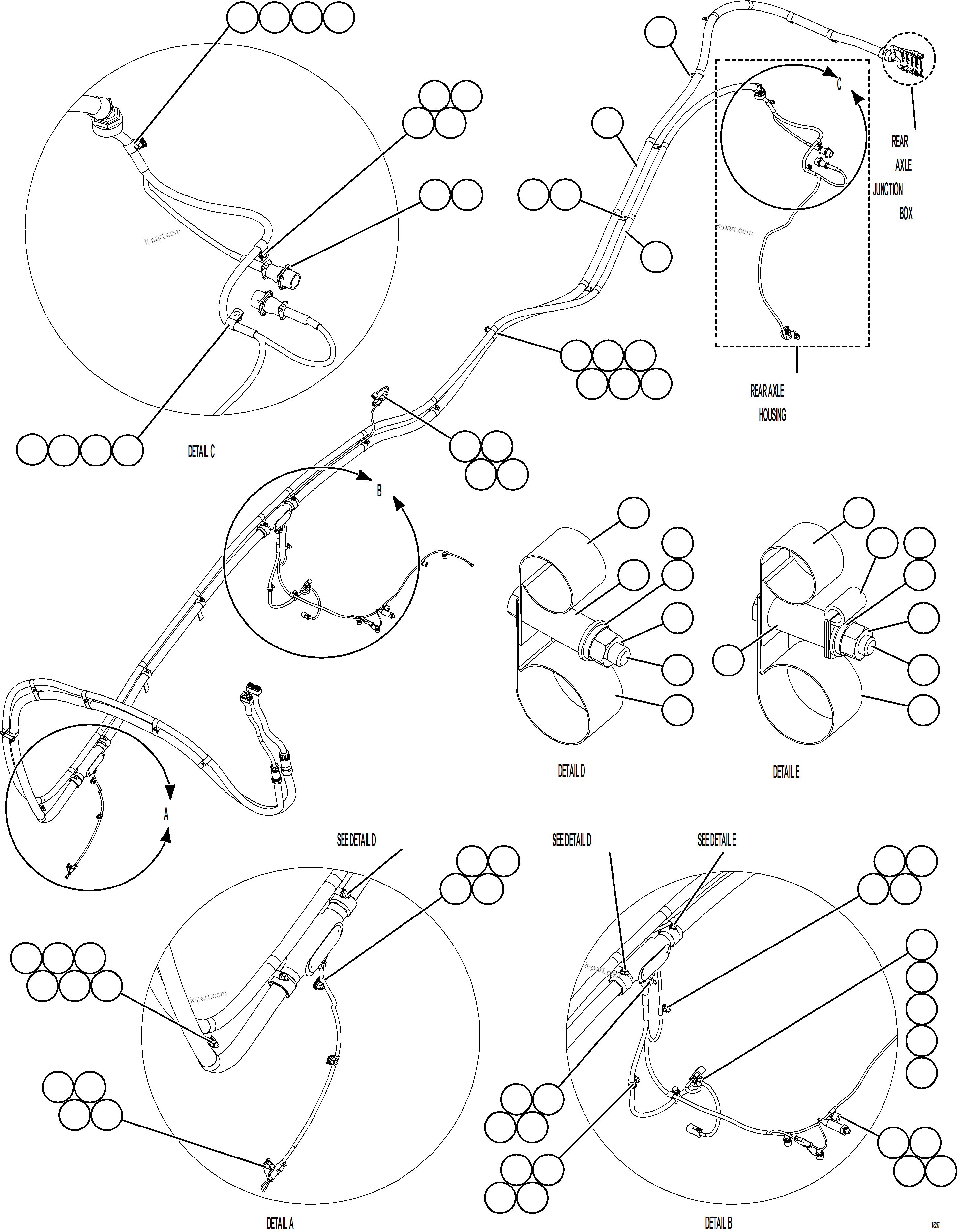 Komatsu parts book diagram for AFE59-GH 930E-4 S/N A31966 - A31967  PENASQUITO: RIGHT REAR FRAME RAIL HARNESSES