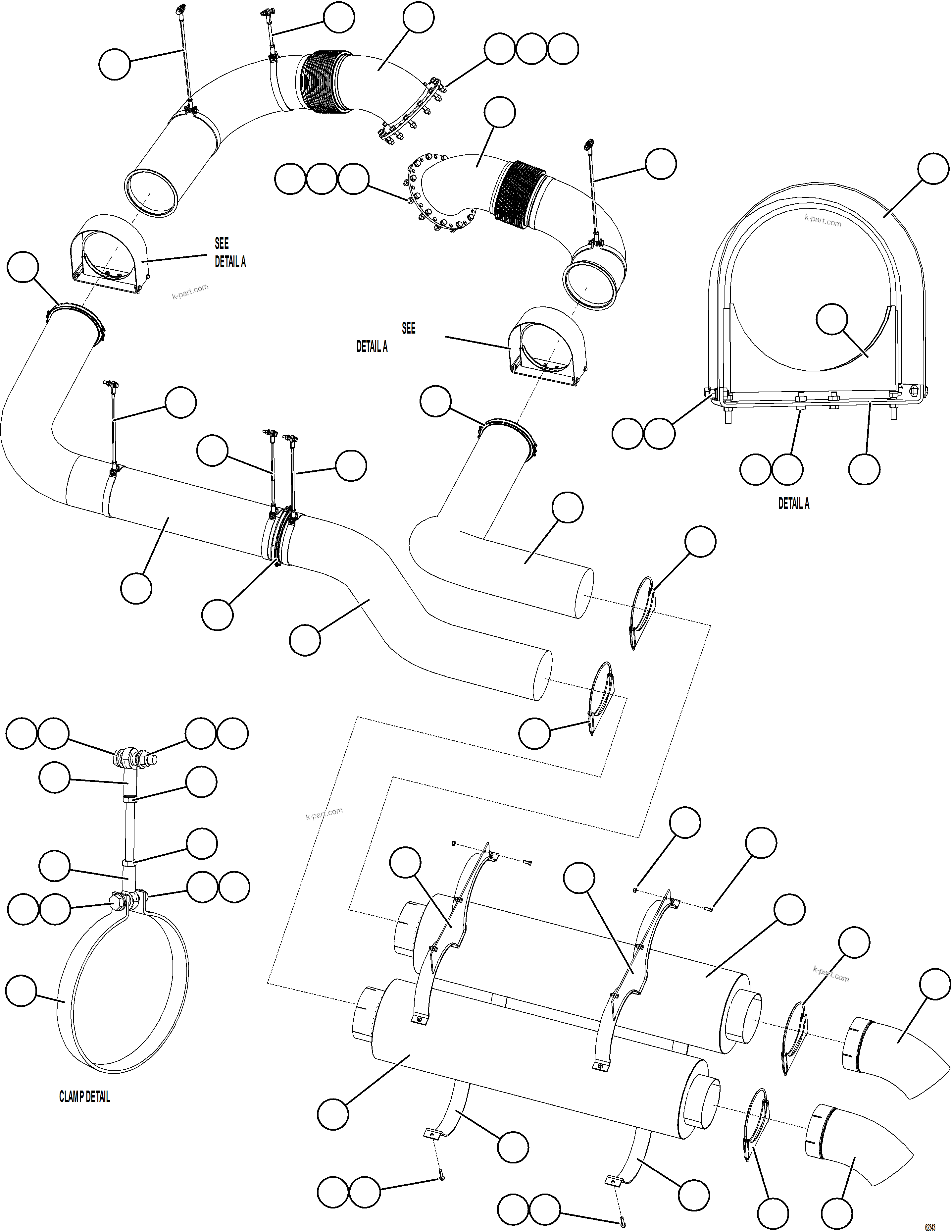 Komatsu parts book diagram for AFE59-GP 930E-4 S/N A31996, A32007, A32028 & A32036 - A32038  EPSA: EXHAUST PIPING - DECK MOUNTED