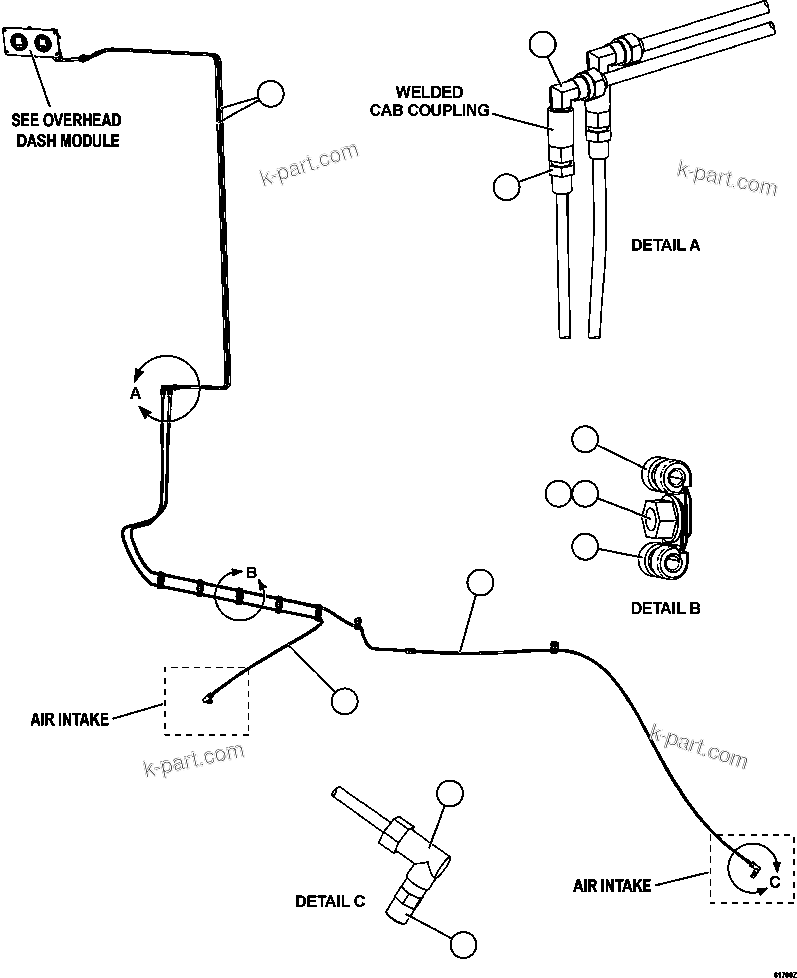 Komatsu parts book diagram for AFE62-AJ 930E-4SE S/N A31289, A31291, A31300, A31302, A31304, A31327, A31329, A31357, A31359, A31369, A31386, A31388, A31390, A31410, A31412 & A31414  LAS BAMBAS: AIR CLEANER INDICATOR PIPING