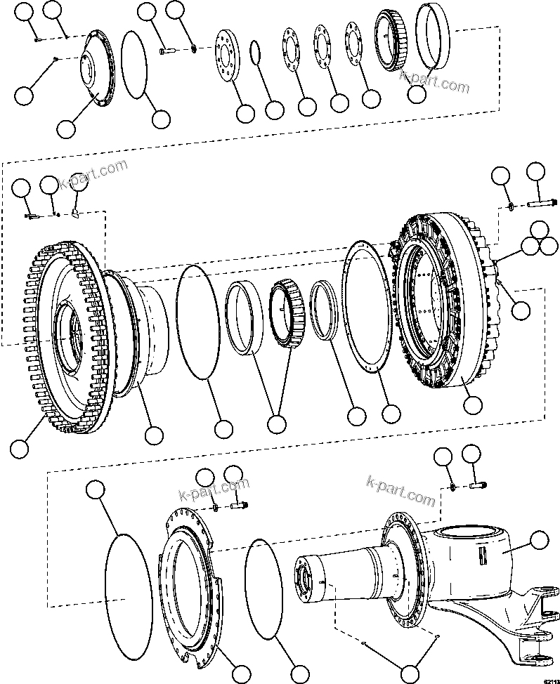 Komatsu parts book diagram for AFE62-AJ 930E-4SE S/N A31289, A31291, A31300, A31302, A31304, A31327, A31329, A31357, A31359, A31369, A31386, A31388, A31390, A31410, A31412 & A31414  LAS BAMBAS: SPINDLE, HUB AND BRAKE ASSEMBLY