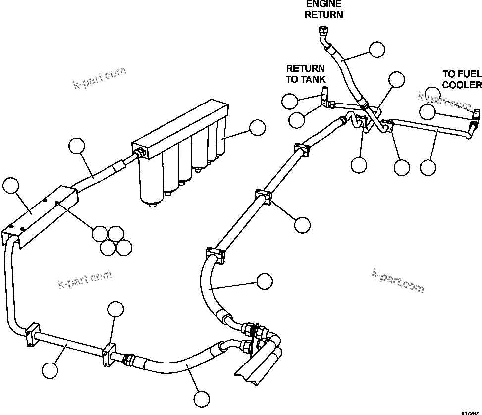 Komatsu parts book diagram for AFE62-AJ 930E-4SE S/N A31289, A31291, A31300, A31302, A31304, A31327, A31329, A31357, A31359, A31369, A31386, A31388, A31390, A31410, A31412 & A31414  LAS BAMBAS: FUEL SYSTEM PIPING     3/3