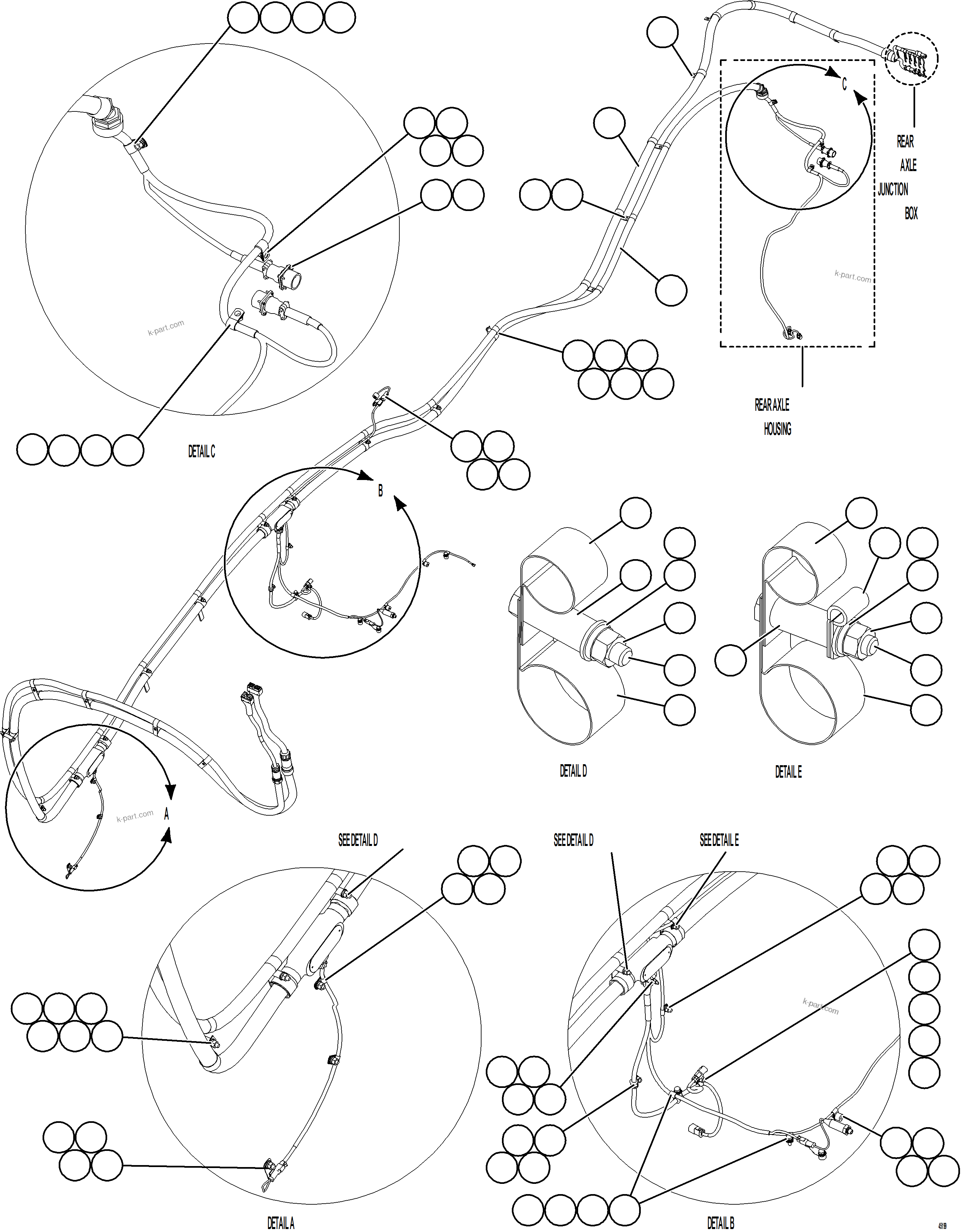 Komatsu parts book diagram for AFE62-BW 930E-4SE S/N A32123  COLLAHUASI: RIGHT REAR FRAME RAIL HARNESSES