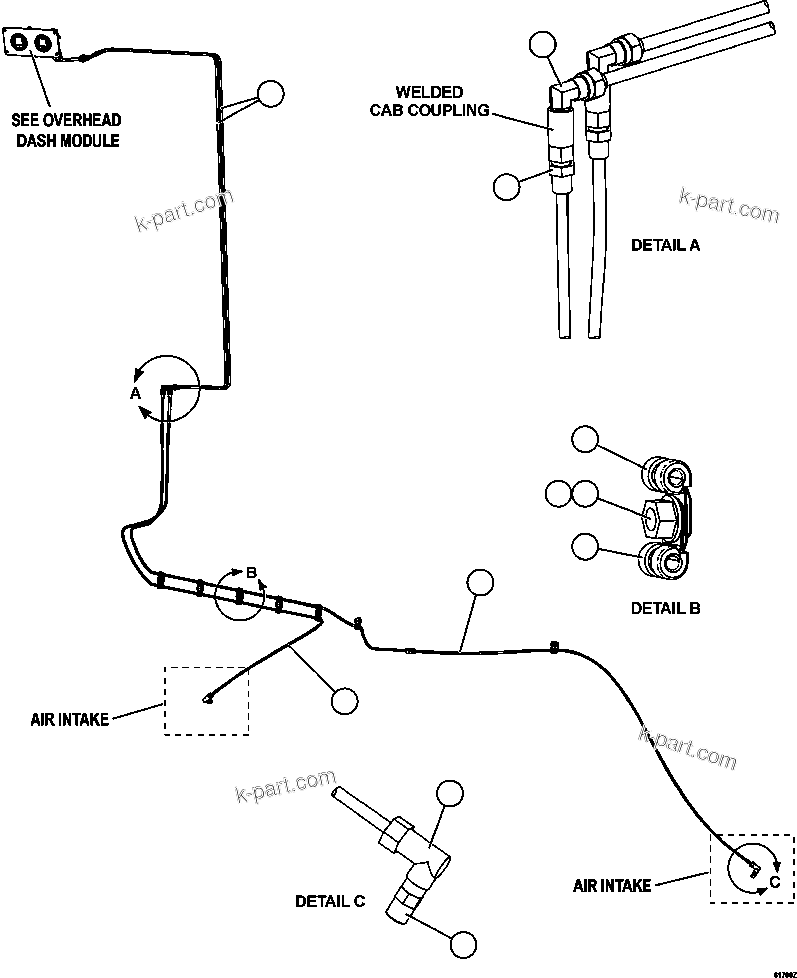 Komatsu parts book diagram for AFE62-W 930E-4SE S/N A31053, 1055, 1069, 1071, 1100-1101, 1109, 1117, 1130-32, 1141, 1143, 1145, 1163, 1165, 1167, 1185-1187, 1205-1207, 1222-1223, 1225, 1240 & 1242 OYU TOLGOI: AIR CLEANER INDICATOR PIPING