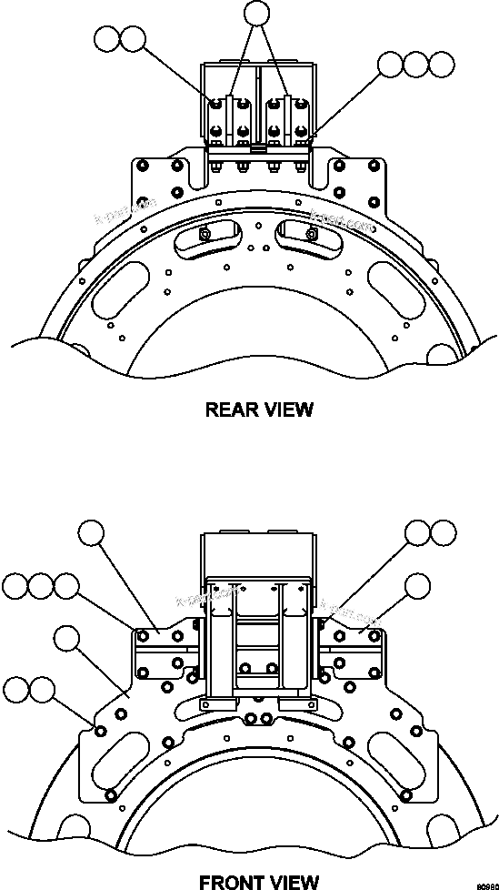 Komatsu parts book diagram for AFE62-W 930E-4SE S/N A31053, 1055, 1069, 1071, 1100-1101, 1109, 1117, 1130-32, 1141, 1143, 1145, 1163, 1165, 1167, 1185-1187, 1205-1207, 1222-1223, 1225, 1240 & 1242 OYU TOLGOI: ALTERNATOR/FLYWHEEL HOUSING BRACING INSTALLATION