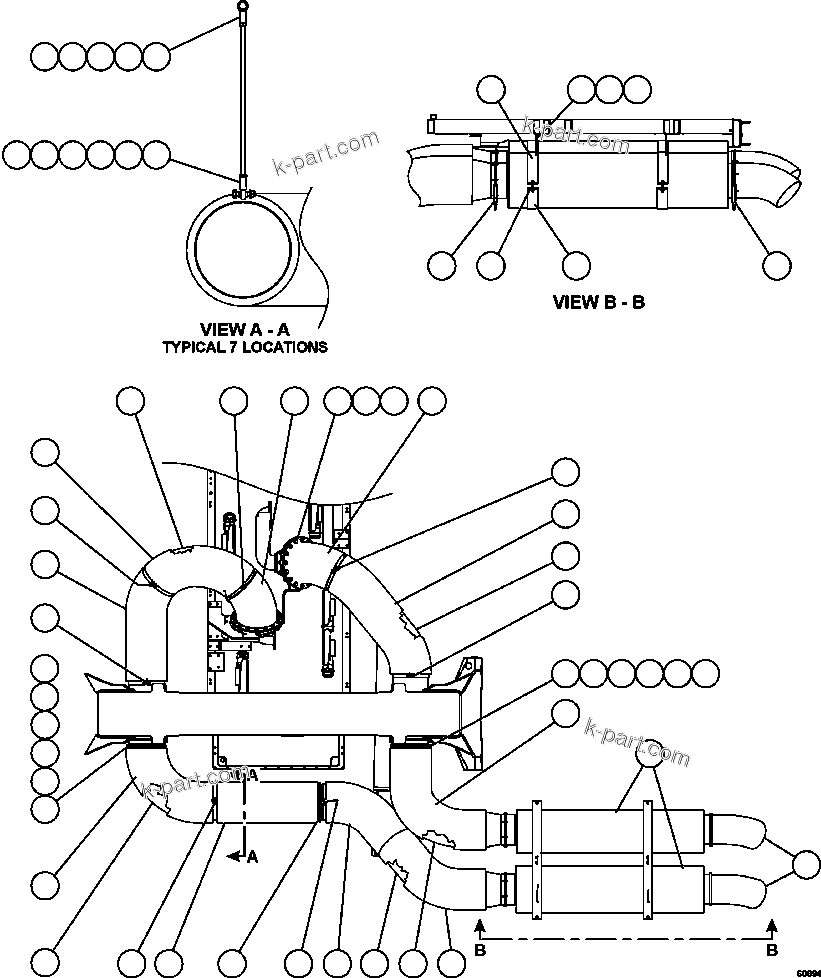Komatsu parts book diagram for AFE62-W 930E-4SE S/N A31053, 1055, 1069, 1071, 1100-1101, 1109, 1117, 1130-32, 1141, 1143, 1145, 1163, 1165, 1167, 1185-1187, 1205-1207, 1222-1223, 1225, 1240 & 1242 OYU TOLGOI: EXHAUST PIPING & BLANKETS (S/N A31053 - A31071)