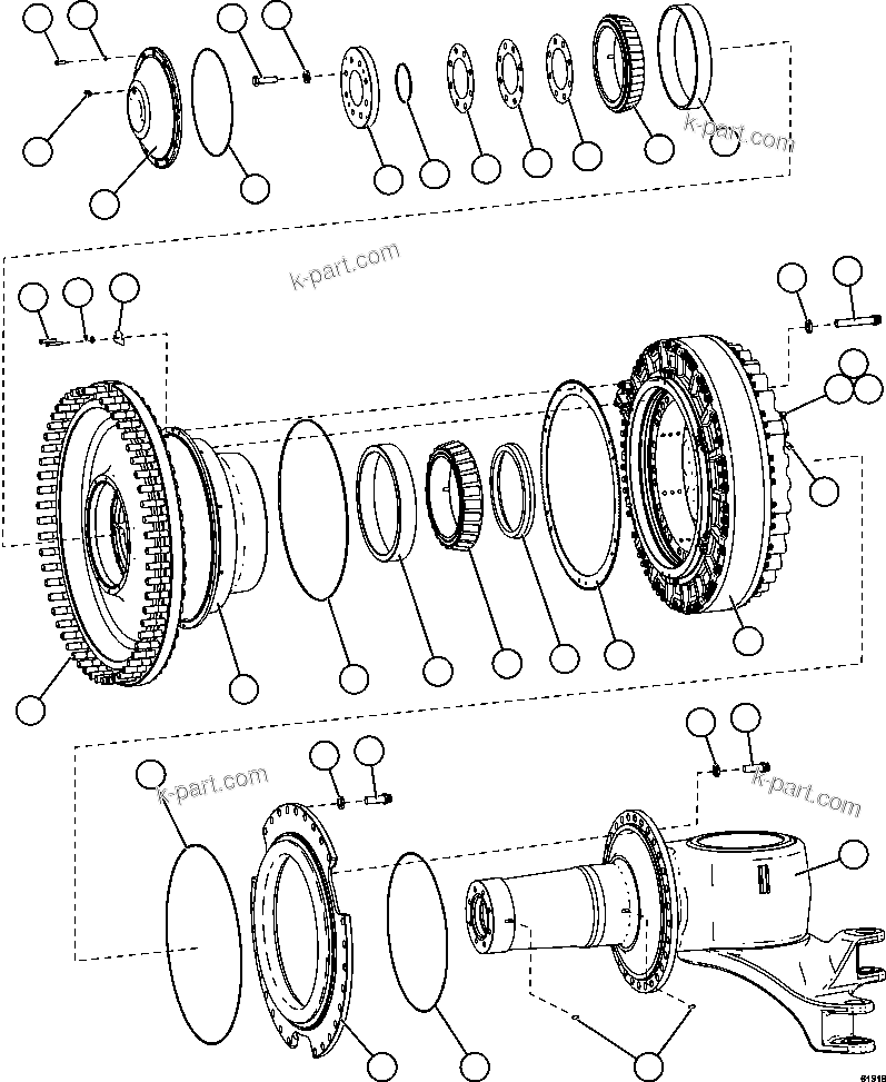 Komatsu parts book diagram for AFE62-W 930E-4SE S/N A31053, 1055, 1069, 1071, 1100-1101, 1109, 1117, 1130-32, 1141, 1143, 1145, 1163, 1165, 1167, 1185-1187, 1205-1207, 1222-1223, 1225, 1240 & 1242 OYU TOLGOI: SPINDLE, HUB AND BRAKE ASSEMBLY