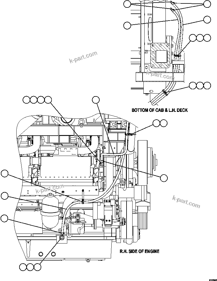 Komatsu parts book diagram for AFE62-W 930E-4SE S/N A31053, 1055, 1069, 1071, 1100-1101, 1109, 1117, 1130-32, 1141, 1143, 1145, 1163, 1165, 1167, 1185-1187, 1205-1207, 1222-1223, 1225, 1240 & 1242 OYU TOLGOI: HEATER HOSE INSTALLATION