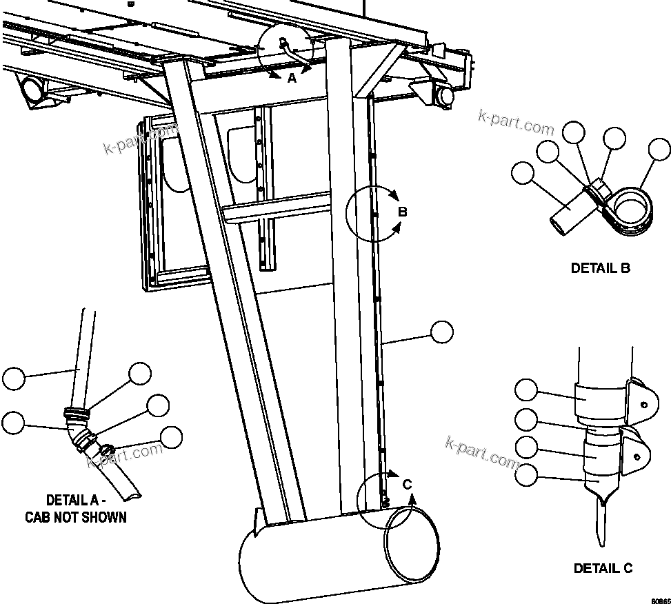 Komatsu parts book diagram for AFE62-W 930E-4SE S/N A31053, 1055, 1069, 1071, 1100-1101, 1109, 1117, 1130-32, 1141, 1143, 1145, 1163, 1165, 1167, 1185-1187, 1205-1207, 1222-1223, 1225, 1240 & 1242 OYU TOLGOI: HEATER/AC DRAIN HOSE INSTALLATION