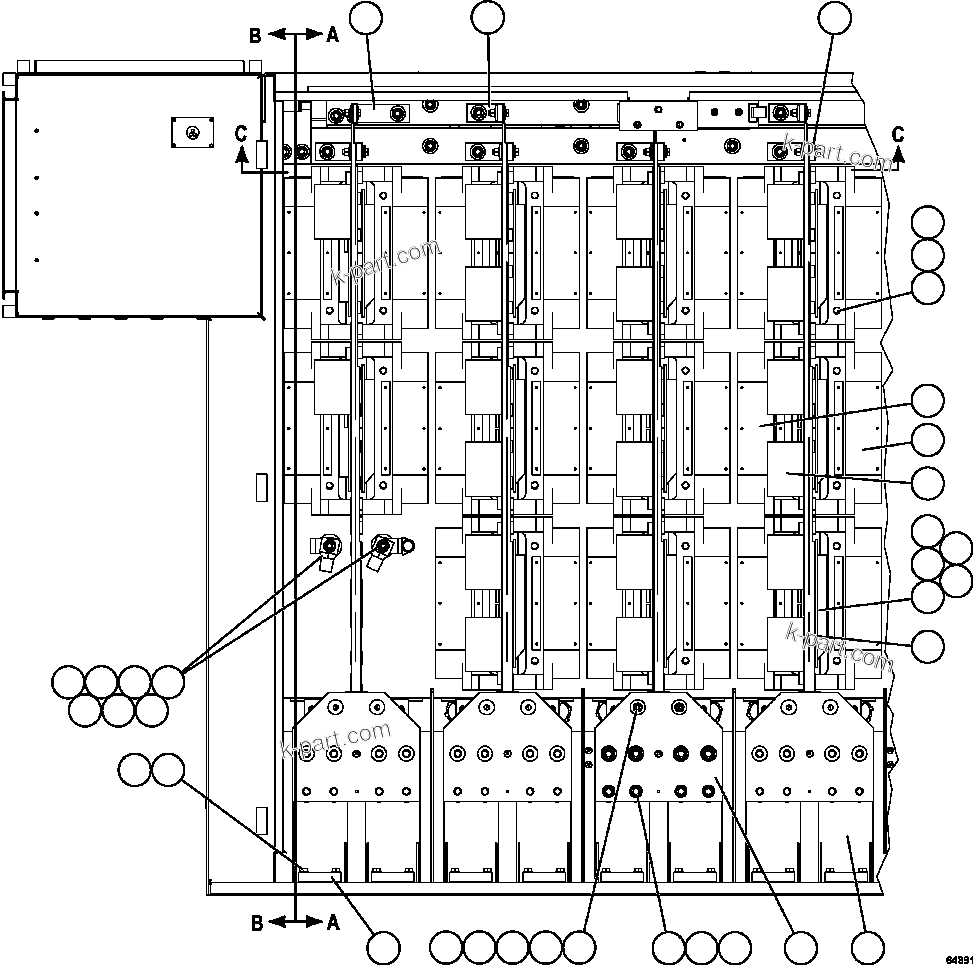 Komatsu parts book diagram for AFE62-W 930E-4SE S/N A31053, 1055, 1069, 1071, 1100-1101, 1109, 1117, 1130-32, 1141, 1143, 1145, 1163, 1165, 1167, 1185-1187, 1205-1207, 1222-1223, 1225, 1240 & 1242 OYU TOLGOI: CONTROL CABINET - RIGHT FRONT VIEW    58F-43-00020