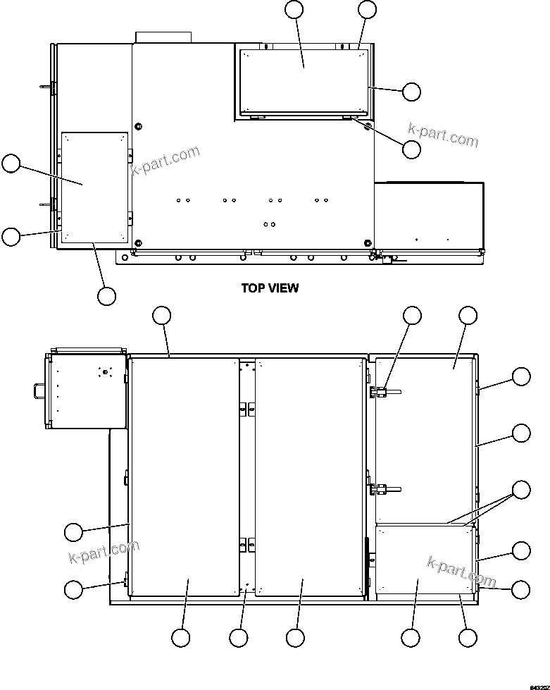 Komatsu parts book diagram for AFE62-W 930E-4SE S/N A31053, 1055, 1069, 1071, 1100-1101, 1109, 1117, 1130-32, 1141, 1143, 1145, 1163, 1165, 1167, 1185-1187, 1205-1207, 1222-1223, 1225, 1240 & 1242 OYU TOLGOI: CONTROL CABINET - DOORS & COVERS 1/2  58B-43-00190