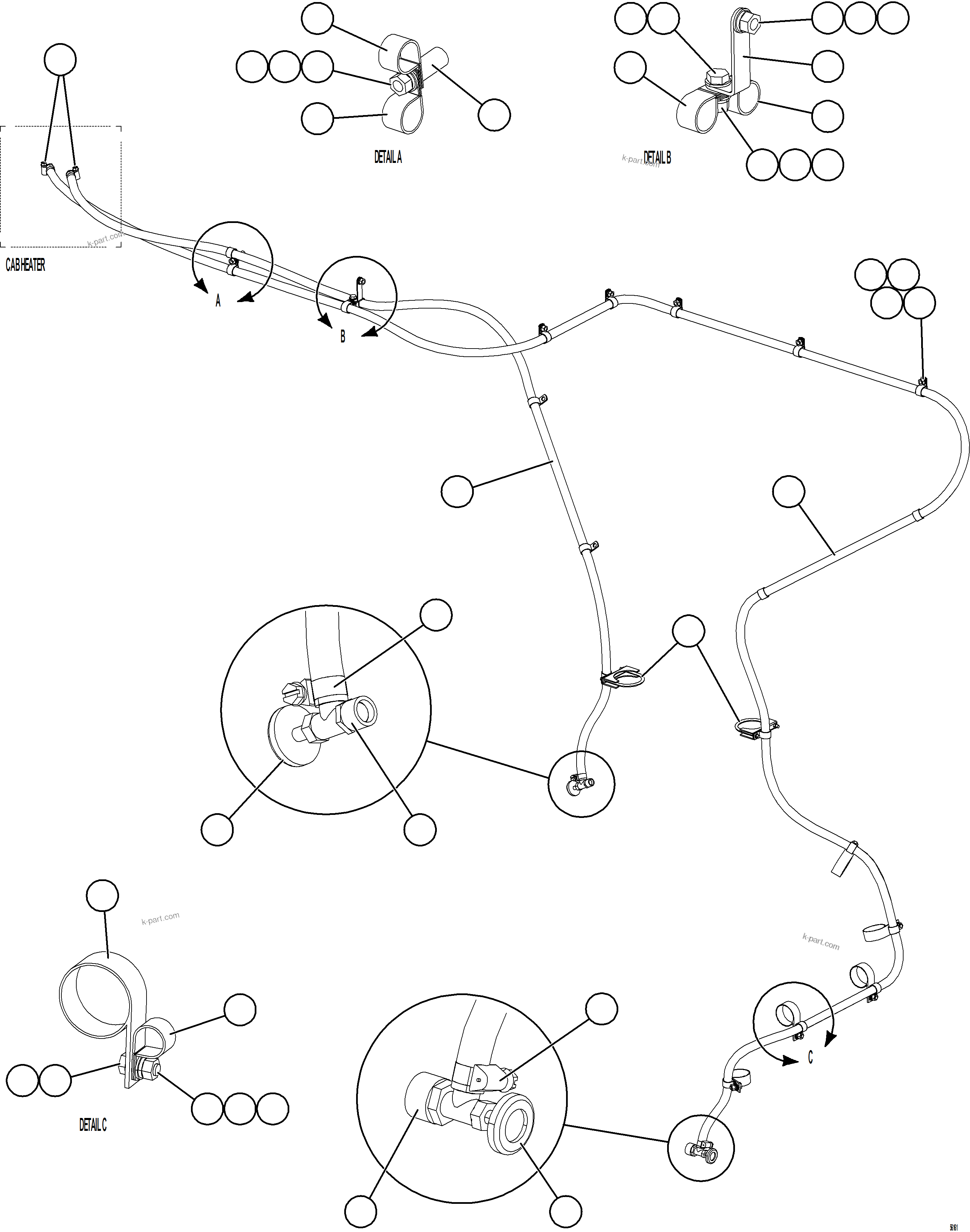 Komatsu parts book diagram for AFE69-A 730E-8 S/N A40002 HAILE GOLD MINE: HEATER HOSE INSTALLATION
