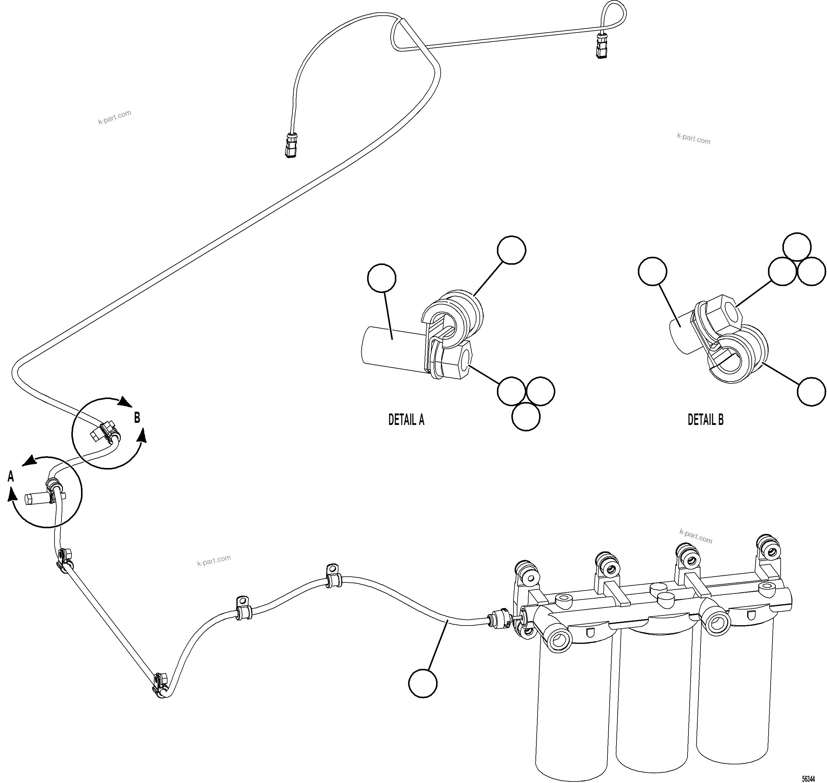 Komatsu parts book diagram for AFE69-A 730E-8 S/N A40002 HAILE GOLD MINE: FUEL FILTER HARNESS INSTALLATION