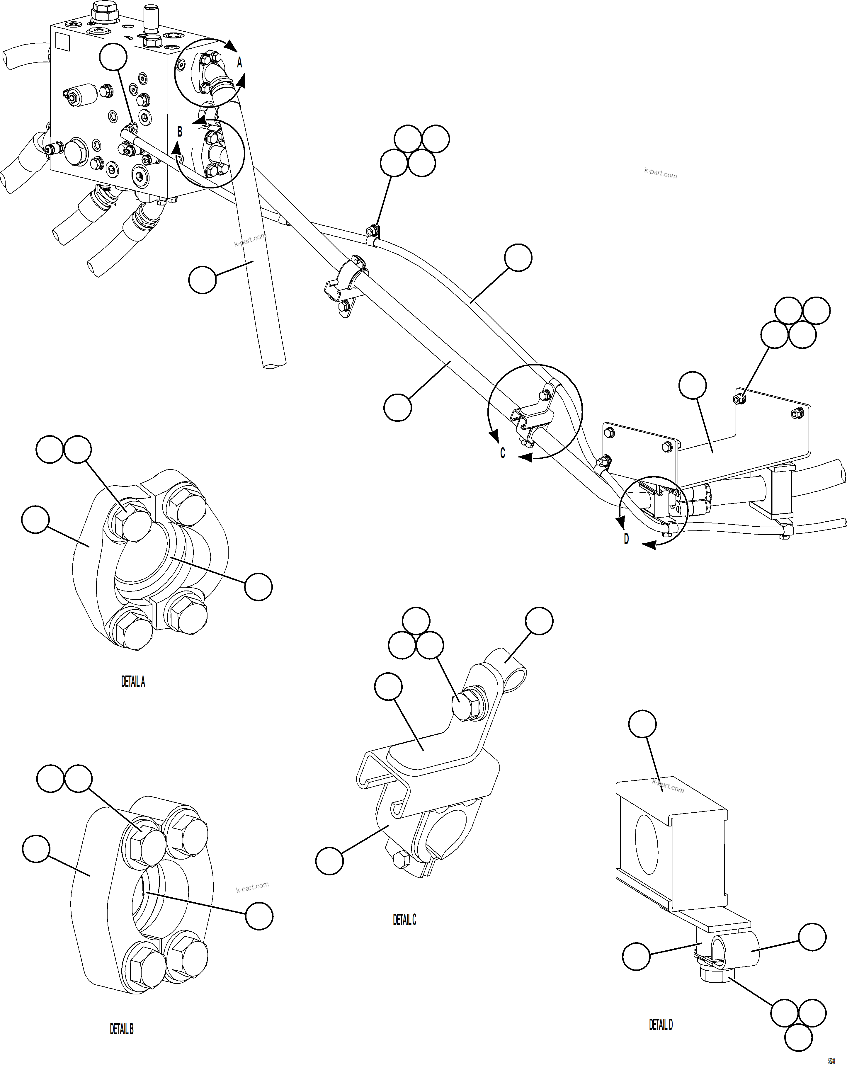 Komatsu parts book diagram for AFE69-A 730E-8 S/N A40002 HAILE GOLD MINE: BLEEDDOWN MANIFOLD PIPING    2/2