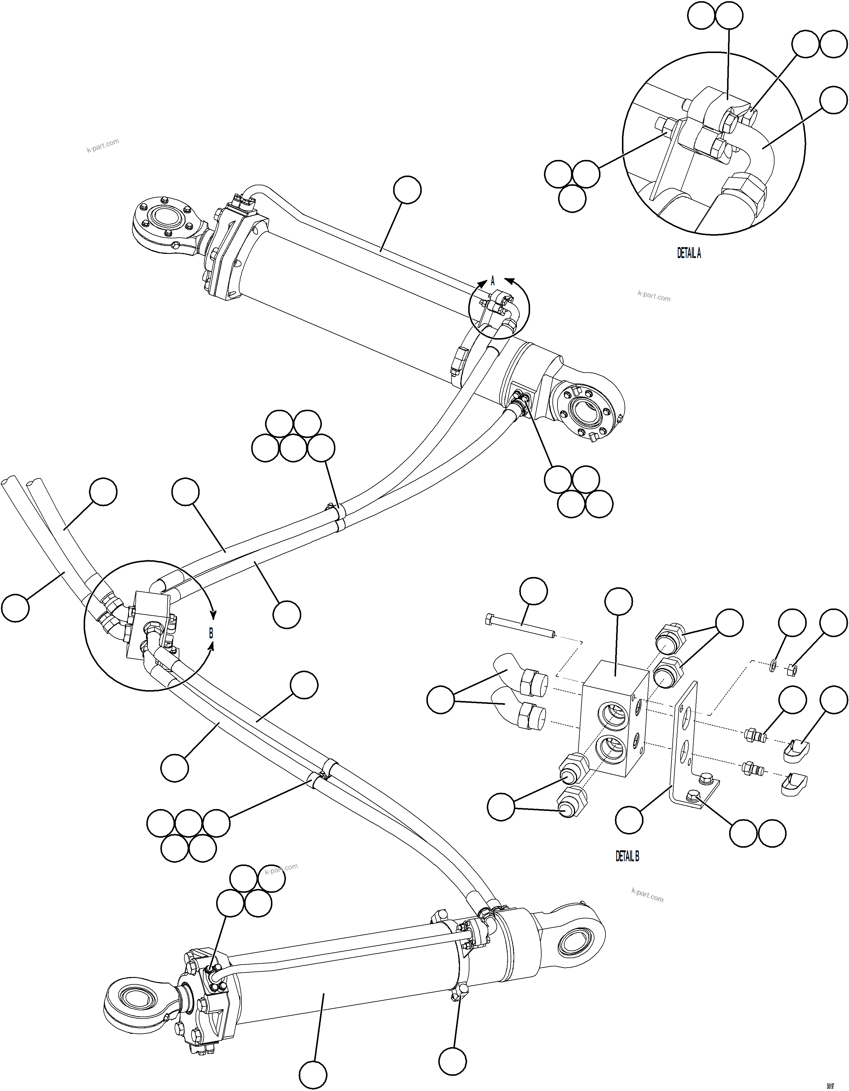 Komatsu parts book diagram for AFE69-A 730E-8 S/N A40002 HAILE GOLD MINE: STEERING CYLINDER PIPING