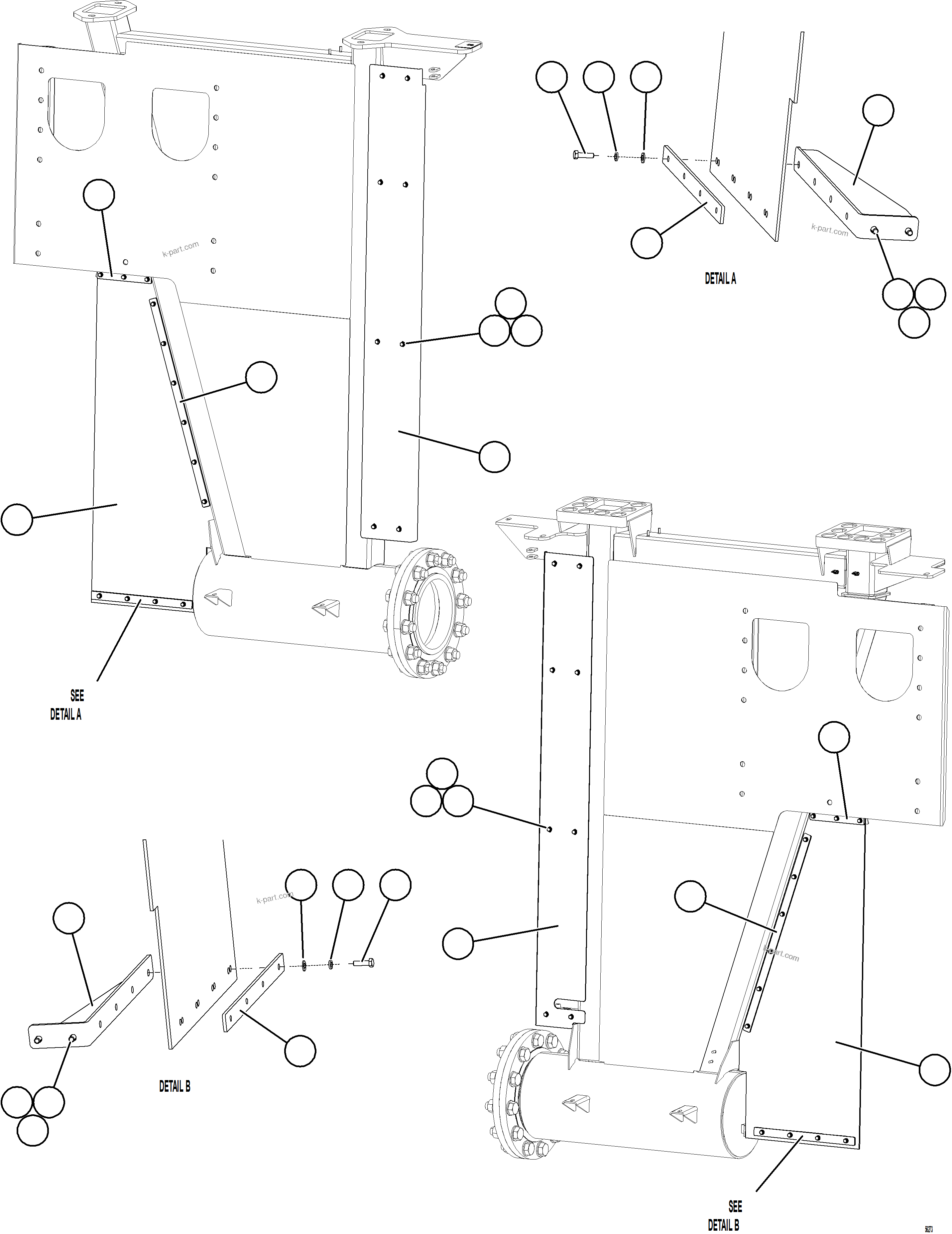 Komatsu parts book diagram for AFE69-F 730E-8 S/N A40018 - A40034 NATALKA: FRONT PROTECTIVE COVERS & MUD FLAPS