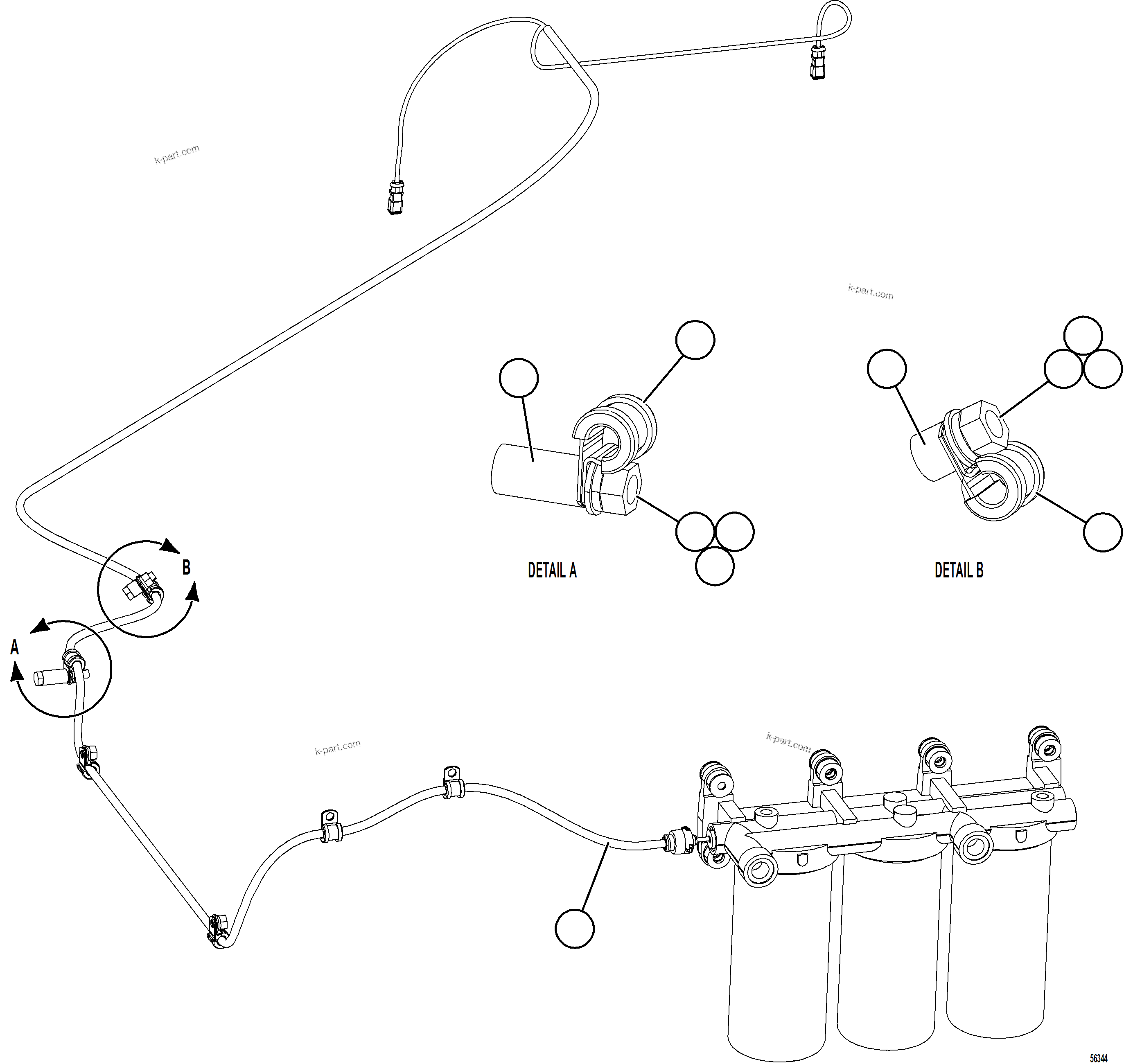 Komatsu parts book diagram for AFE69-F 730E-8 S/N A40018 - A40034 NATALKA: FUEL FILTER HARNESS INSTALLATION