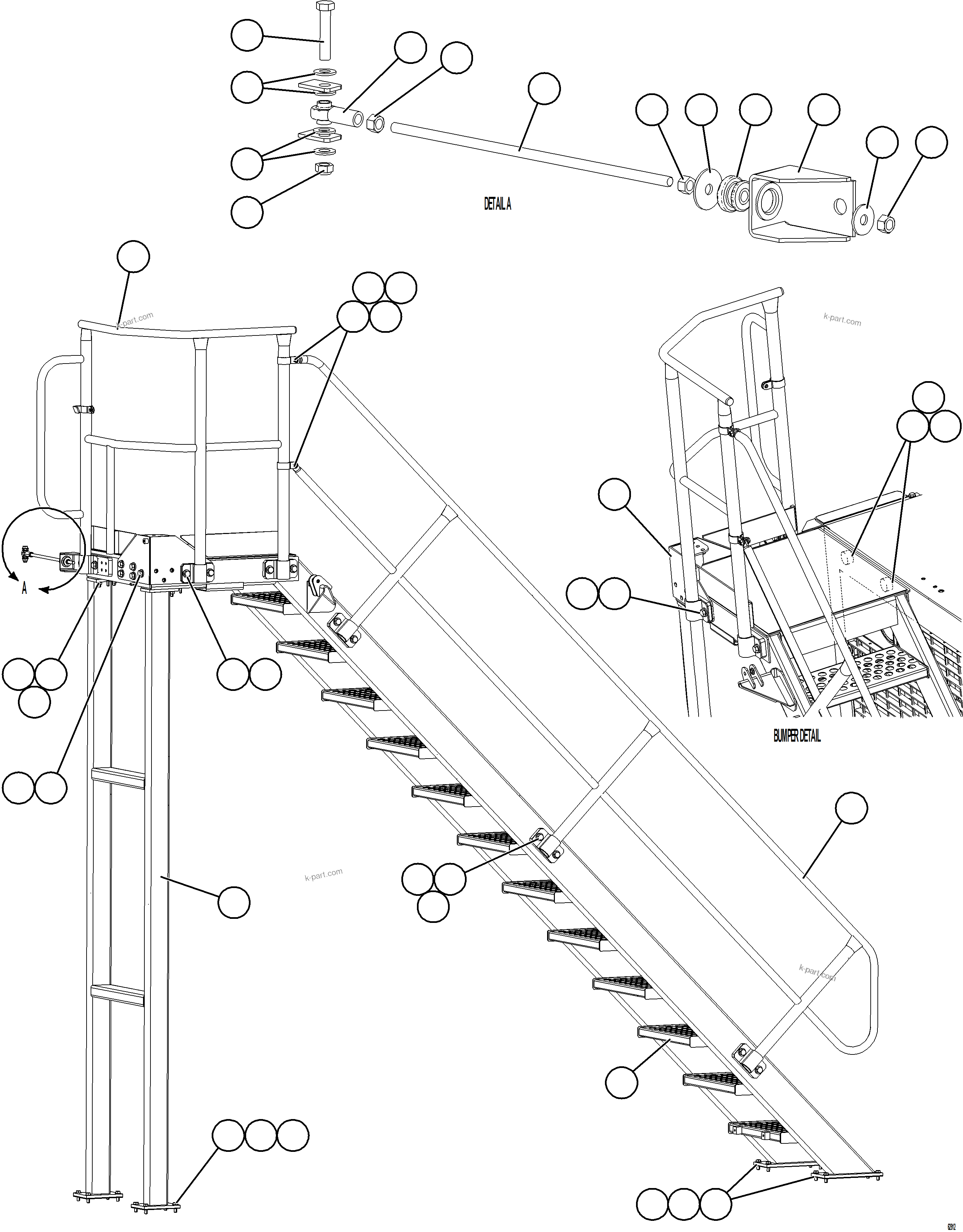 Komatsu parts book diagram for AFE73-J 980E-4 S/N A40124 & A40131 - A40133 EPSA: LH DIAGONAL LADDER INSTALLATION