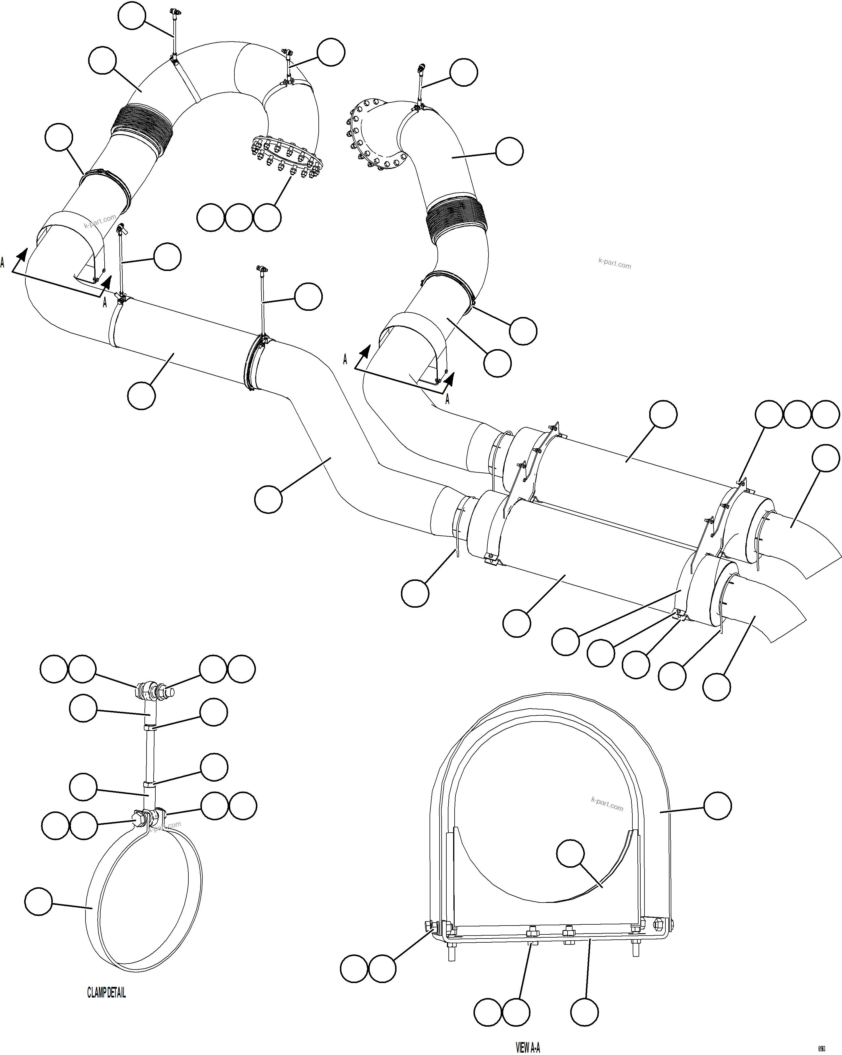 Komatsu parts book diagram for AFE73-J 980E-4 S/N A40124 & A40131 - A40133 EPSA: EXHAUST PIPING - DECK MUFFLERS