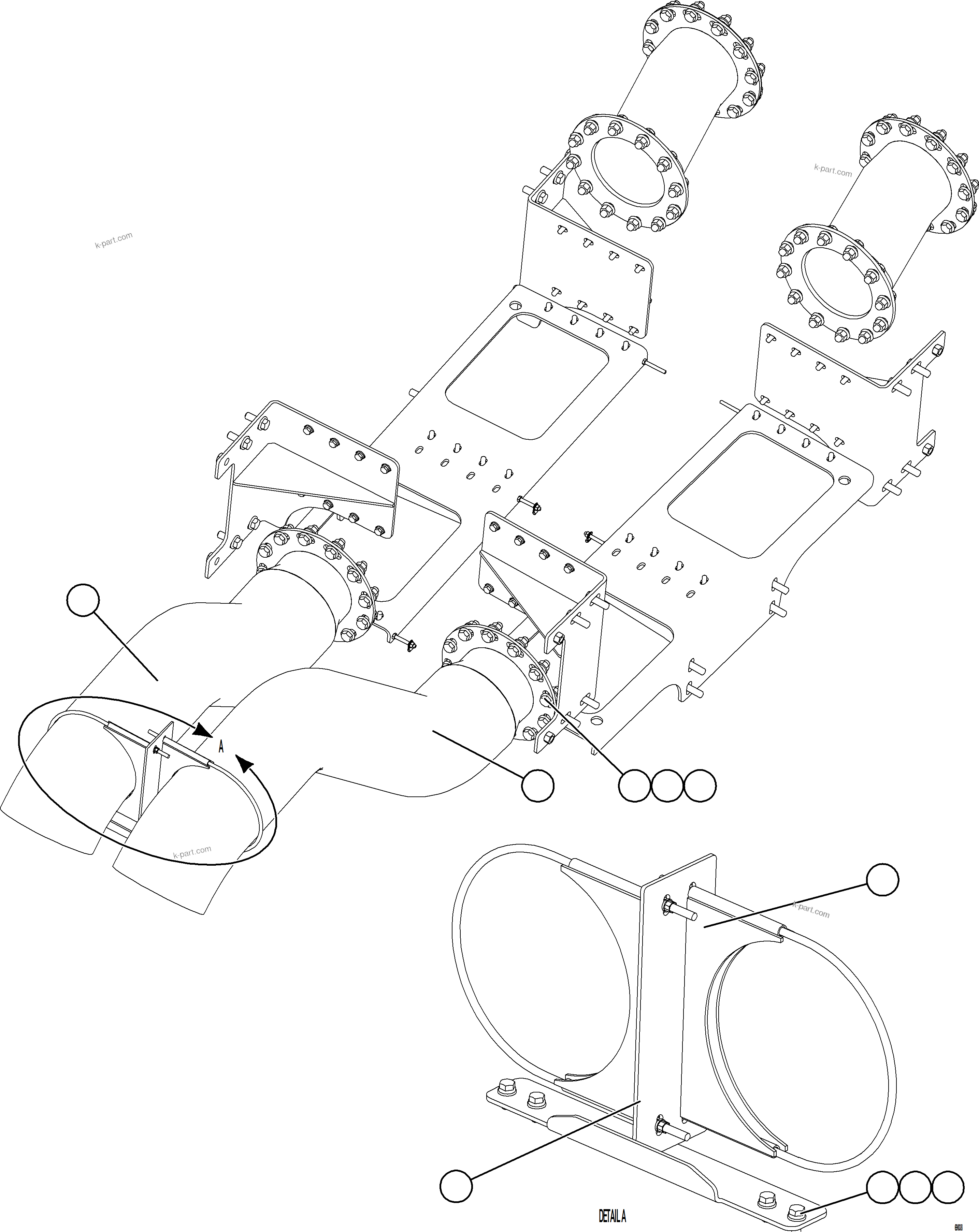 Komatsu parts book diagram for AFE75-B 980E-5 S/N A50006 - A50007 TECK: EXHAUST PIPING - DOUBLE WALL    1/4