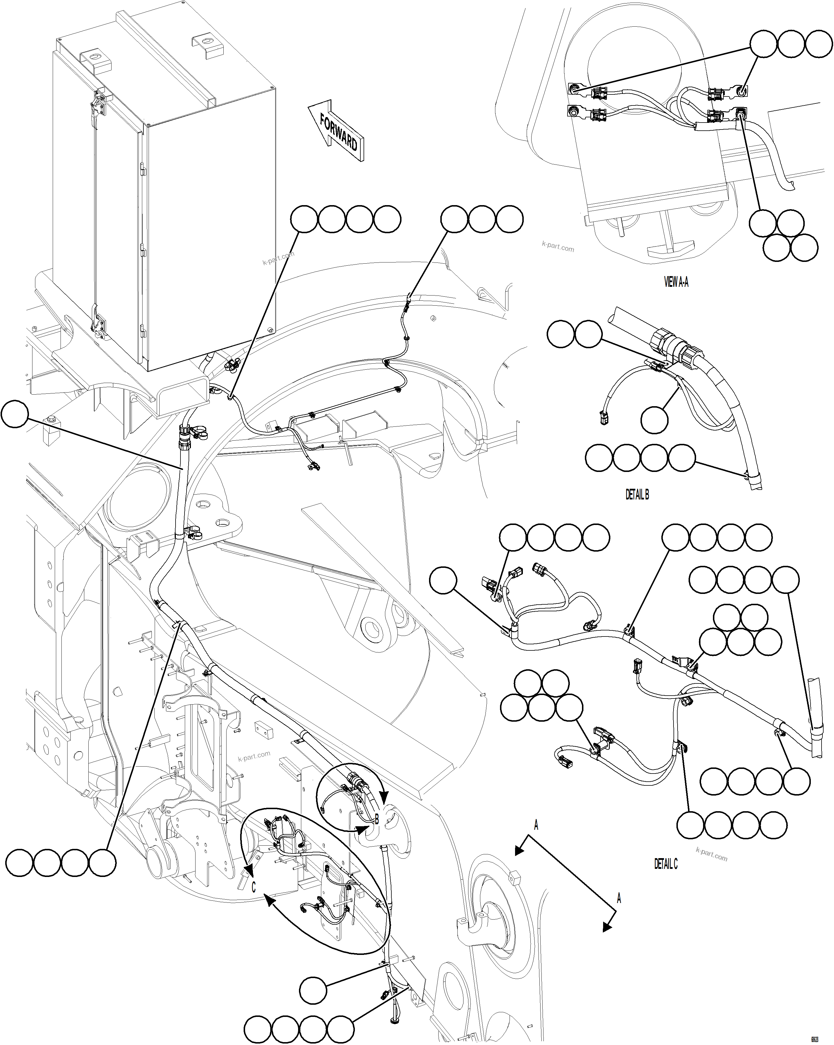 Komatsu parts book diagram for AFE75-B 980E-5 S/N A50006 - A50007 TECK: LEFT REAR FRAME RAIL HARNESS