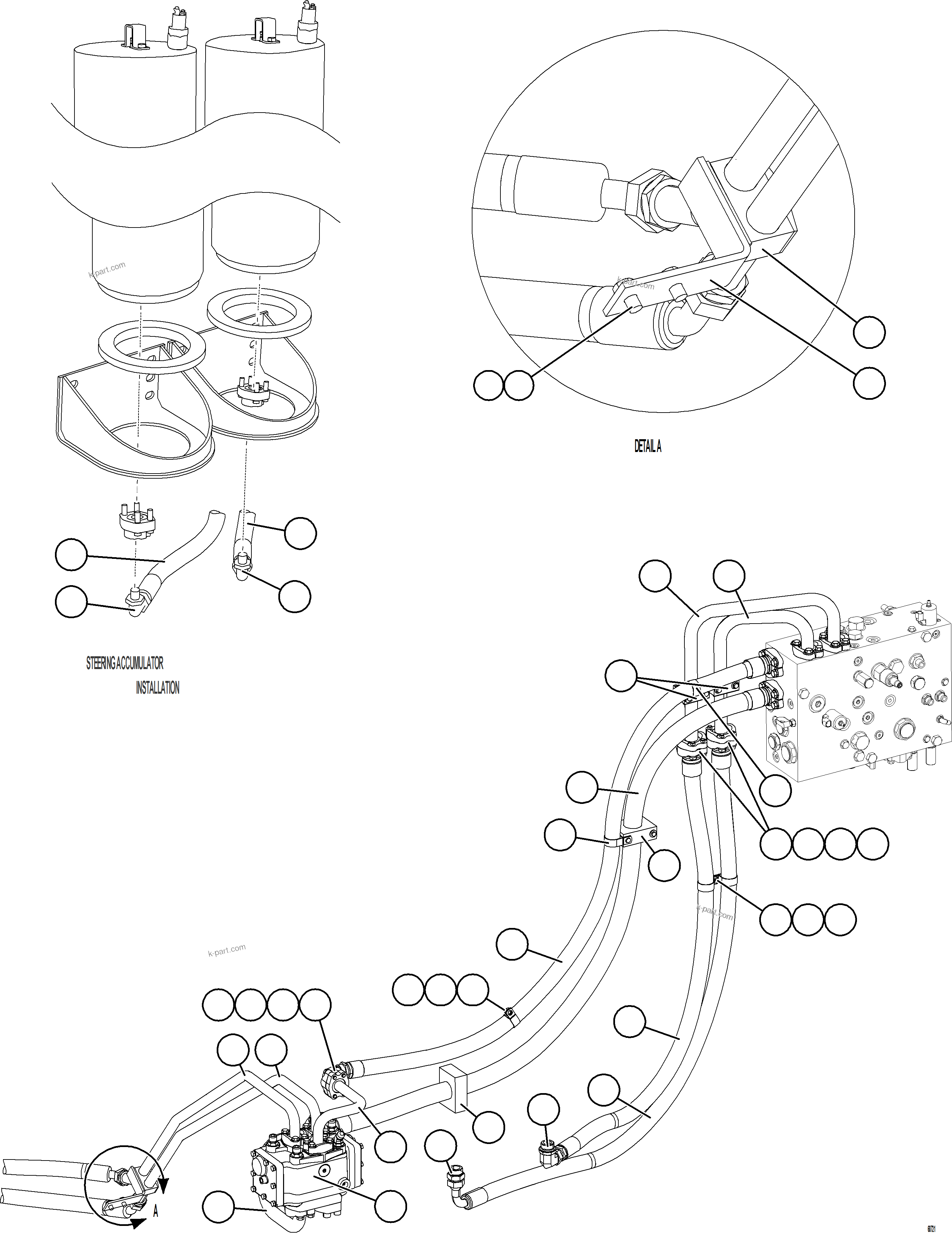 Komatsu parts book diagram for AFE75-B 980E-5 S/N A50006 - A50007 TECK: STEERING SYSTEM PIPING    1/2