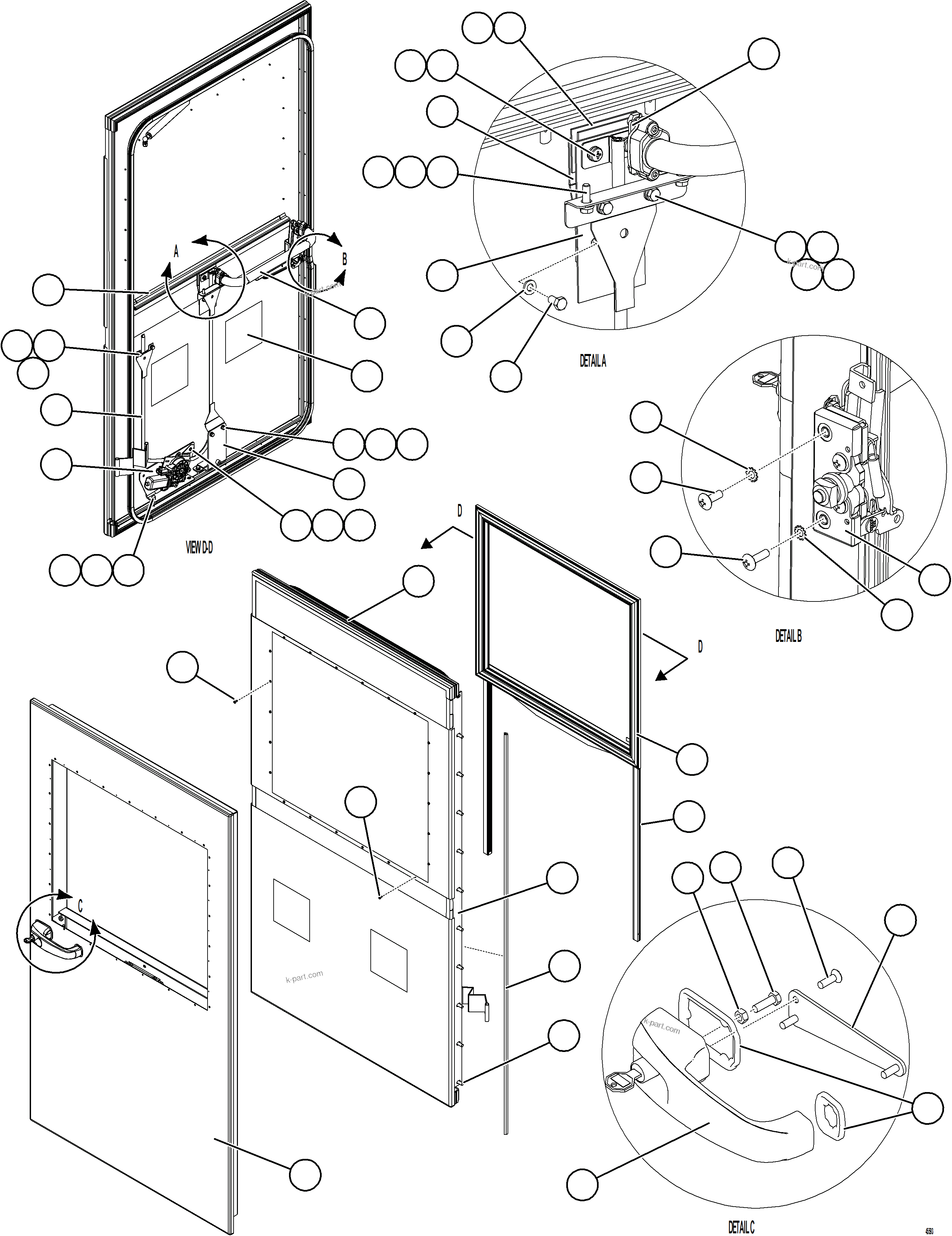Komatsu parts book diagram for AFE75-B 980E-5 S/N A50006 - A50007 TECK: DOOR ASSEMBLY - LH    58E-54-30625