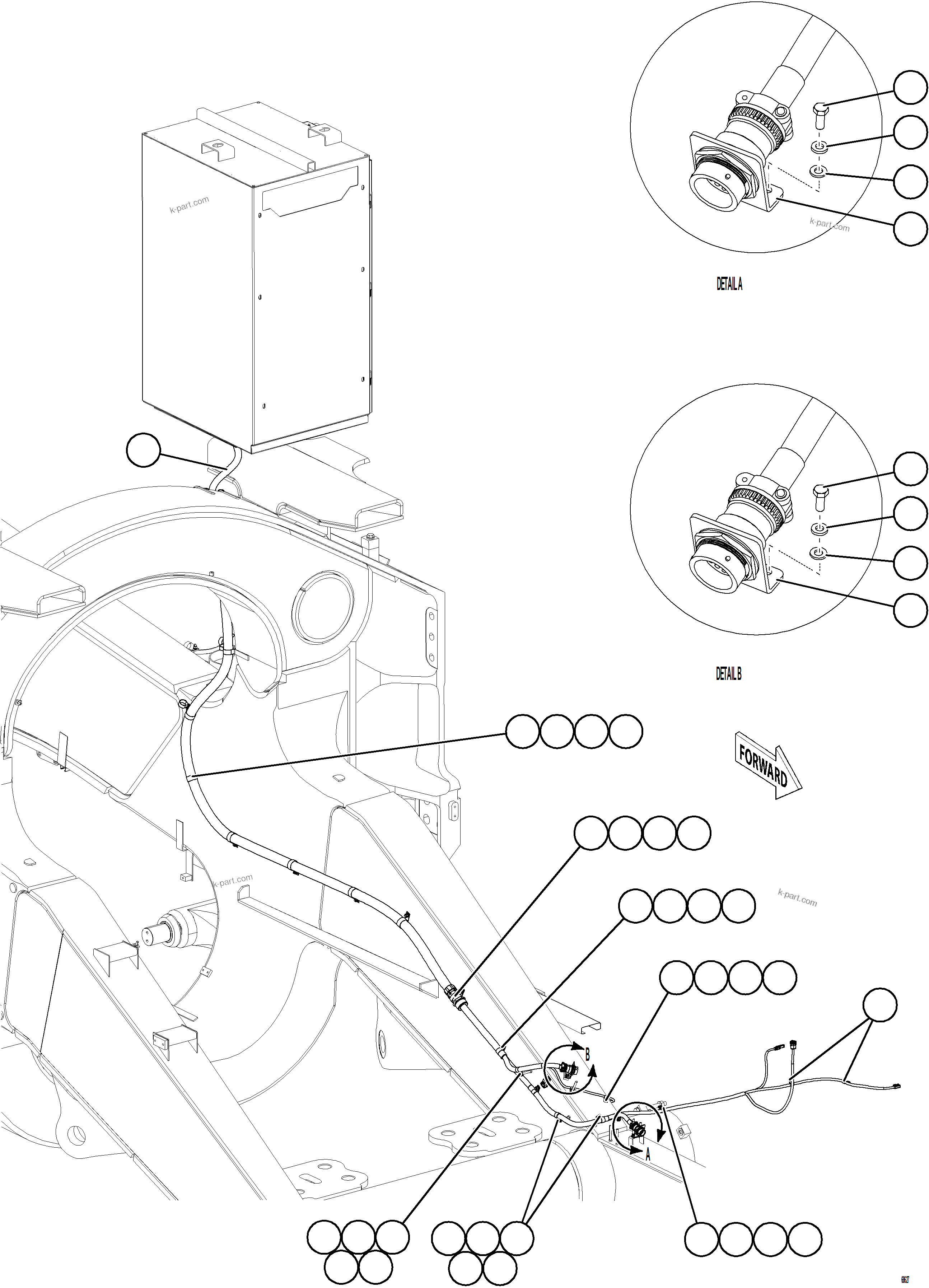 Komatsu parts book diagram for AFE75-M 980E-5 S/N A50044 - A50046, A50048  COPPER MOUNTAIN: LEFT FRONT FRAME RAIL HARNESS
