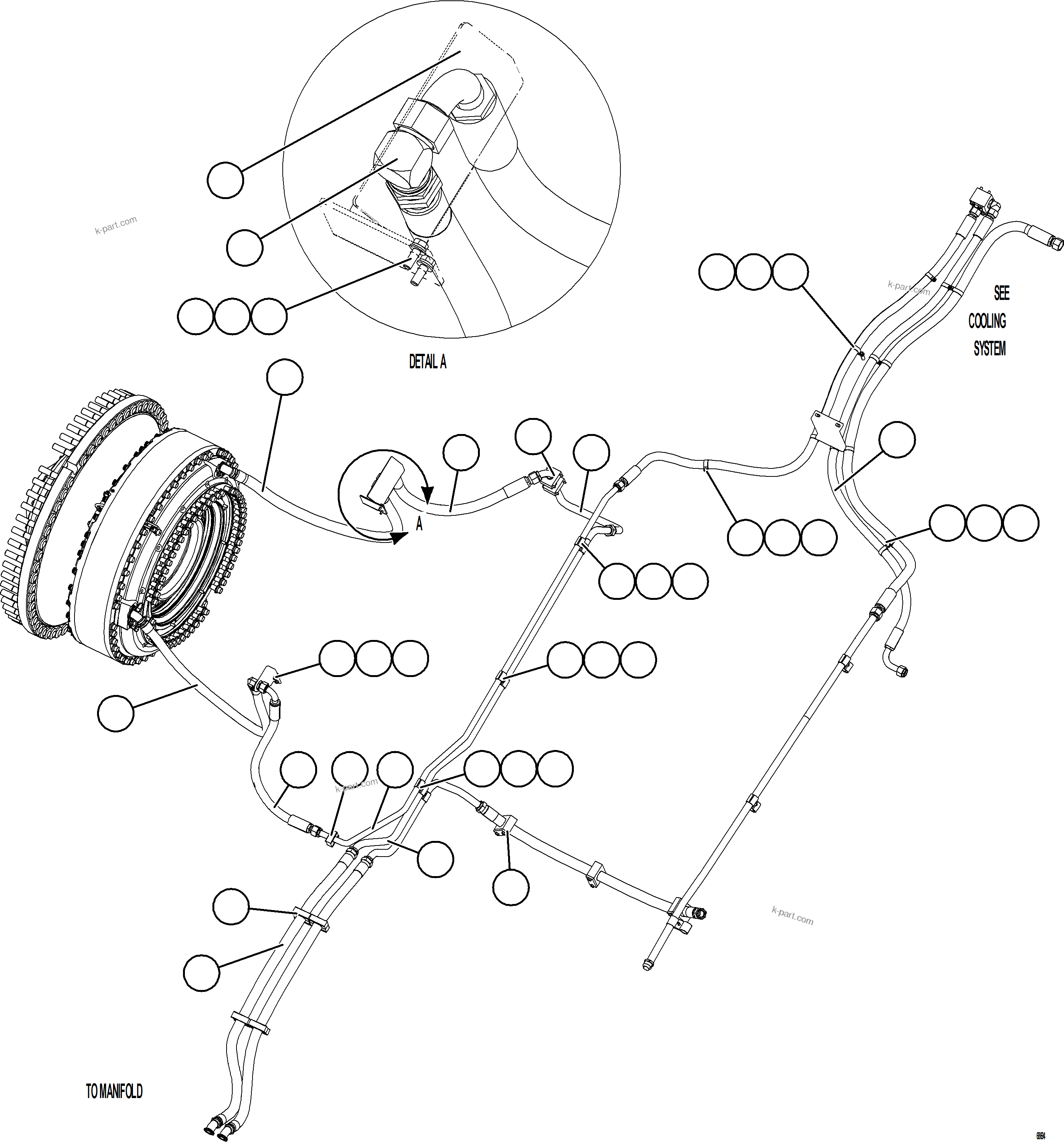 Komatsu parts book diagram for AFE75-M 980E-5 S/N A50044 - A50046, A50048  COPPER MOUNTAIN: BRAKE COOLING PIPING - LEFT FRONT