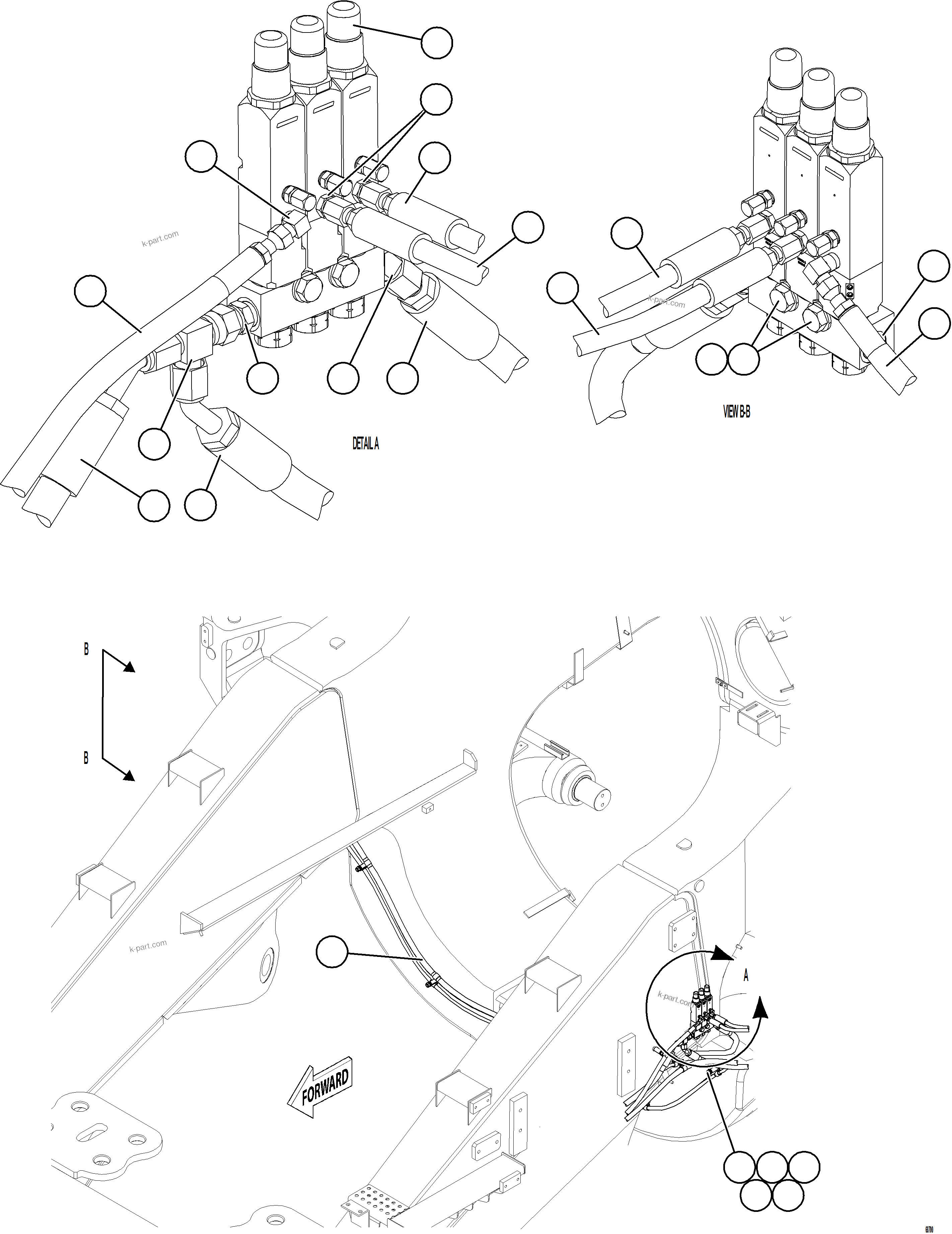 Komatsu parts book diagram for AFE75-M 980E-5 S/N A50044 - A50046, A50048  COPPER MOUNTAIN: AUTOMATIC LUBRICATION SYSTEM PIPING - FRONT    3/4