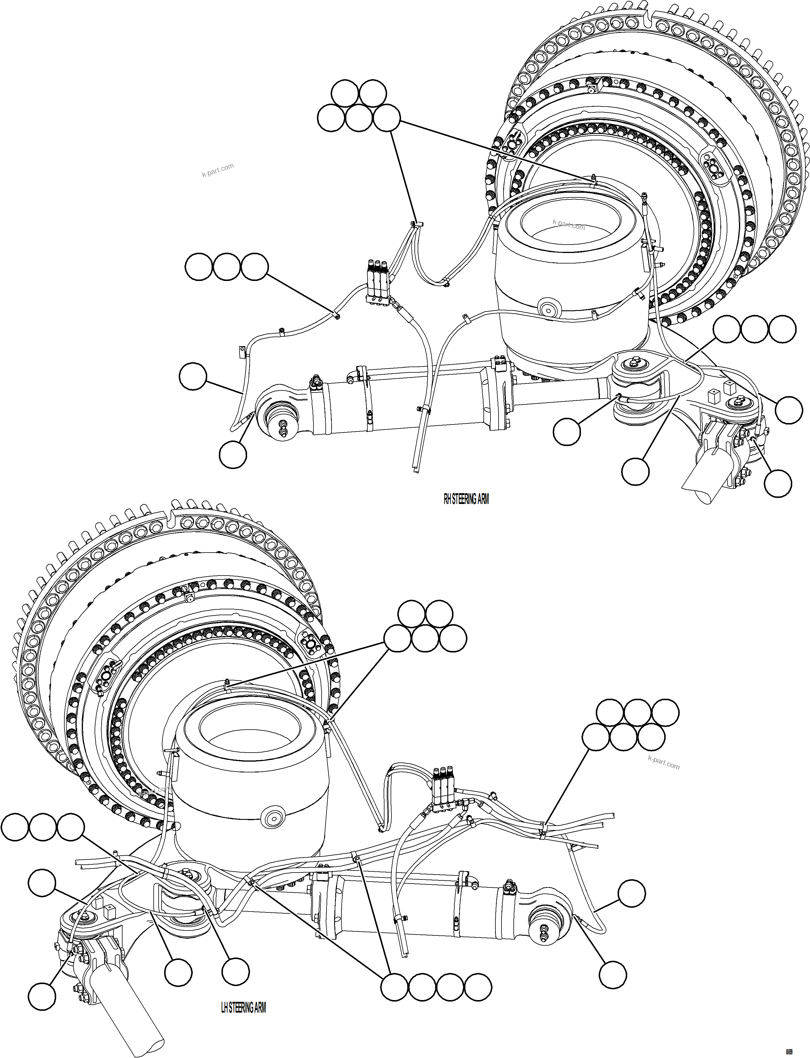 Komatsu parts book diagram for AFE75-R 980E-5 S/N A50054 - A50057  SPENCE: AUTOMATIC LUBRICATION SYSTEM PIPING - FRONT    2/4