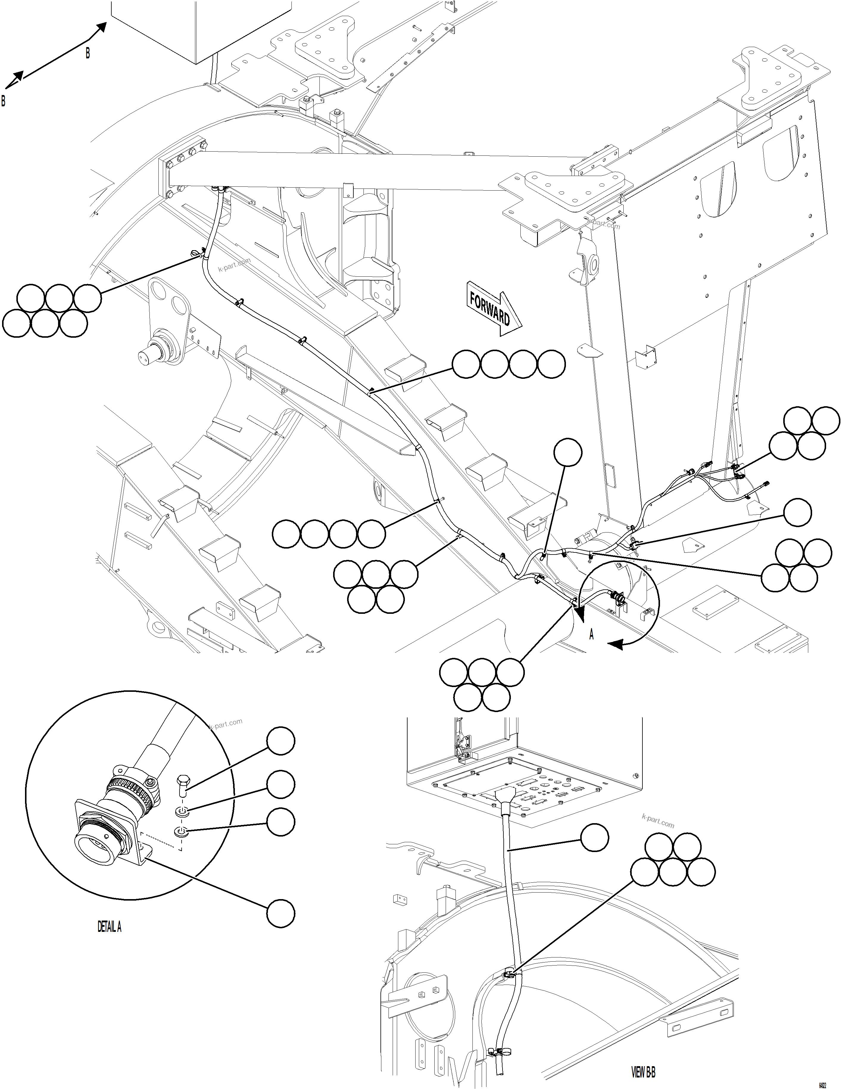 Komatsu parts book diagram for AFE77-AB 830E-5 S/N A50077 - A50078  DOWNER EDI: LEFT FRONT FRAME RAIL HARNESS