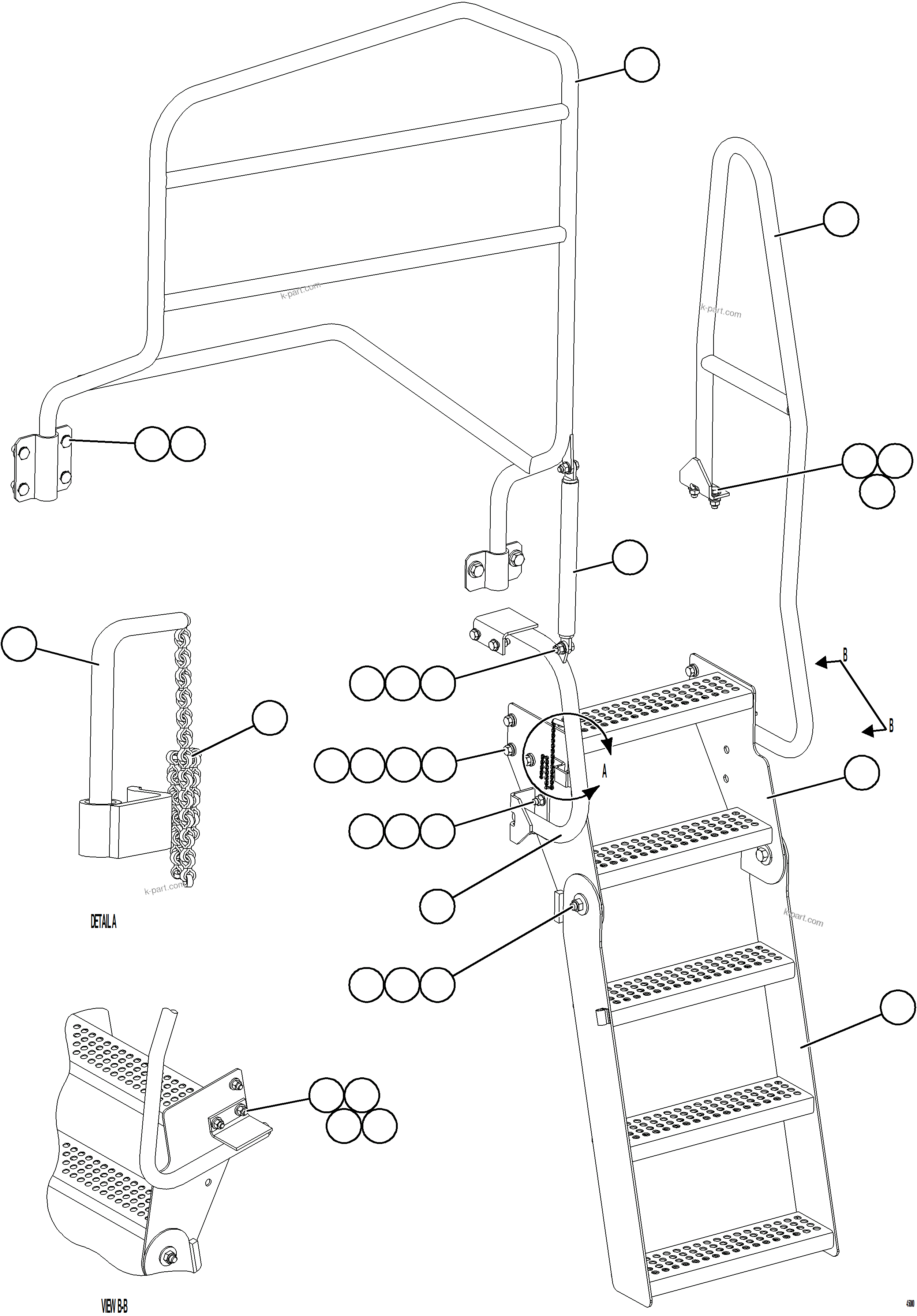 Komatsu parts book diagram for AFE77-AB 830E-5 S/N A50077 - A50078  DOWNER EDI: RH ENGINE ACCESS LADDER & HANDRAILS