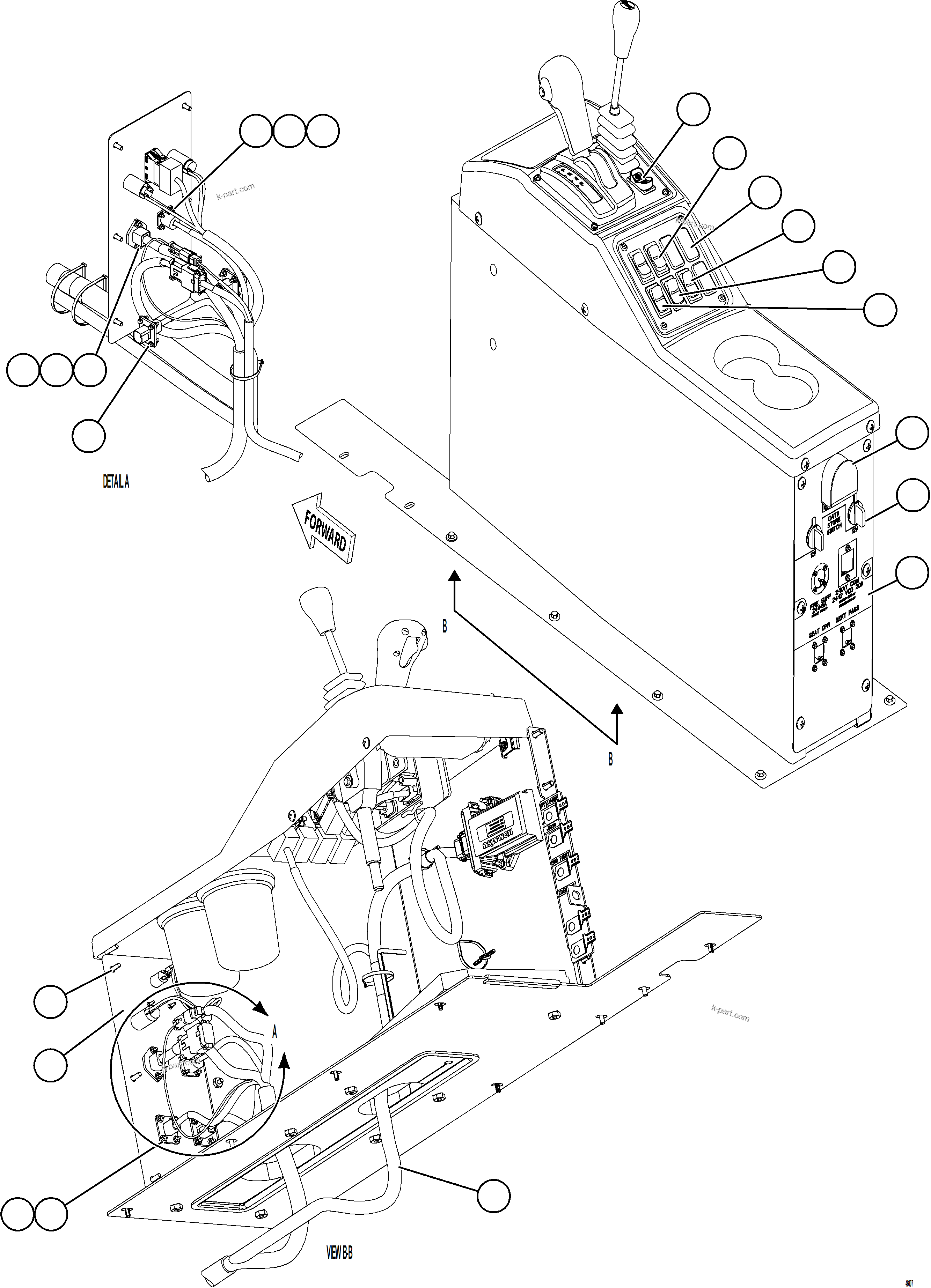 Komatsu parts book diagram for AFE77-AB 830E-5 S/N A50077 - A50078  DOWNER EDI: CENTER CONSOLE MODULE - ELECTRICAL    1/2
