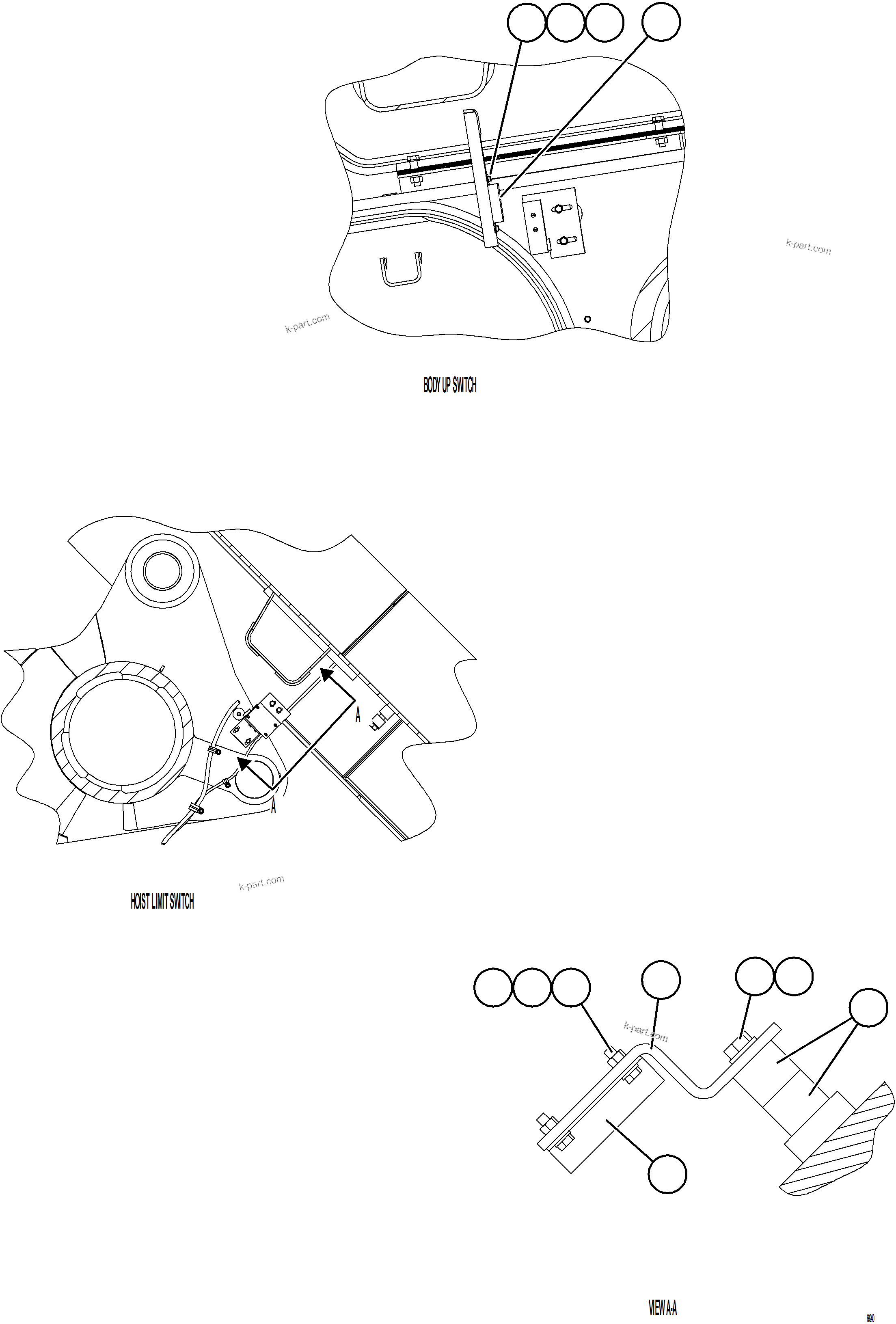 Komatsu parts book diagram for AFE77-AD 830E-5 S/N A50080, A50086  ROBINSON: BODY UP & HOIST LIMIT SWITCH INSTALLATION    2/2