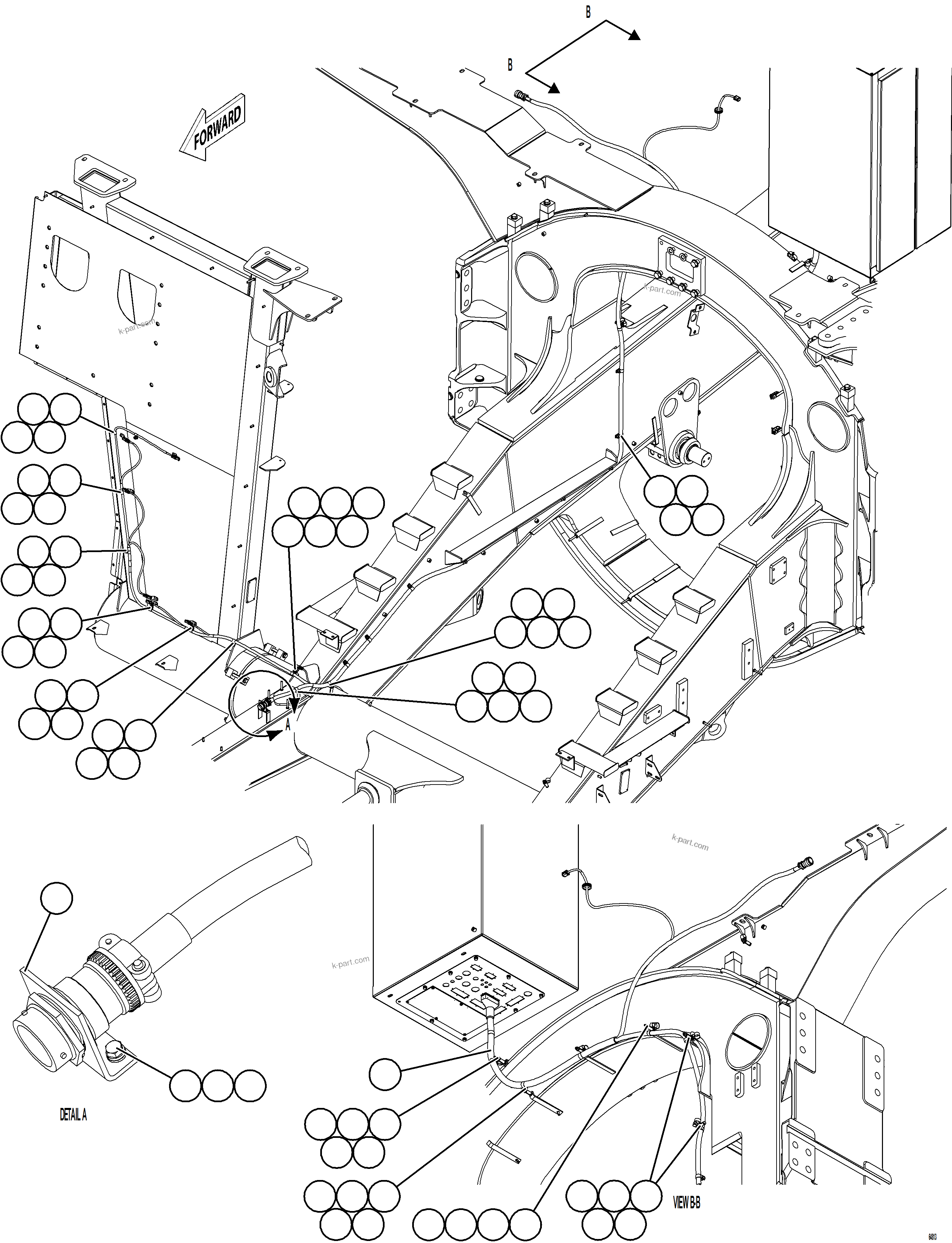 Komatsu parts book diagram for AFE77-AD 830E-5 S/N A50080, A50086  ROBINSON: RIGHT FRONT FRAME RAIL HARNESS