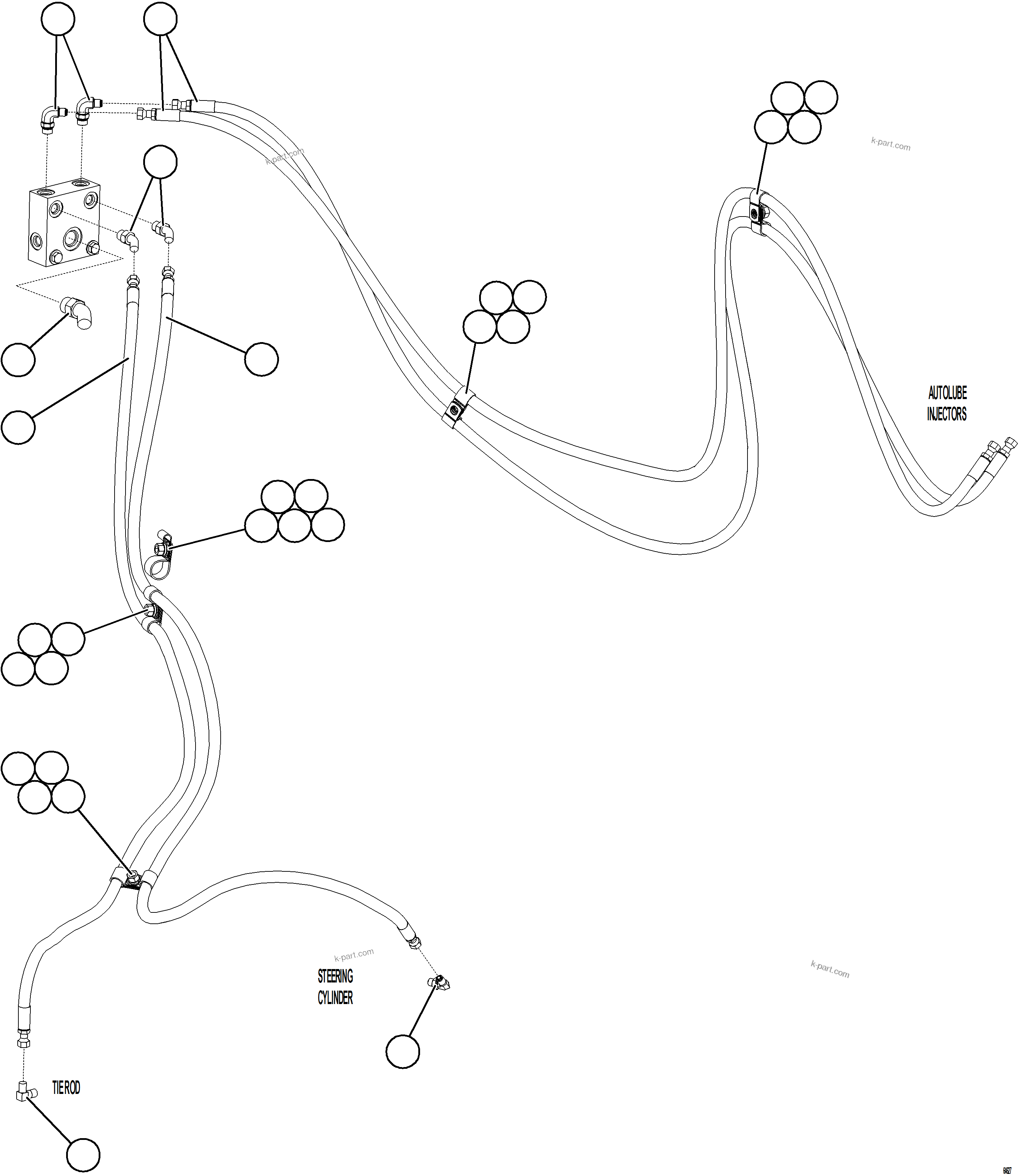 Komatsu parts book diagram for AFE77-AD 830E-5 S/N A50080, A50086  ROBINSON: FRONT BRAKE JUNCTION VALVE PIPING    2/2