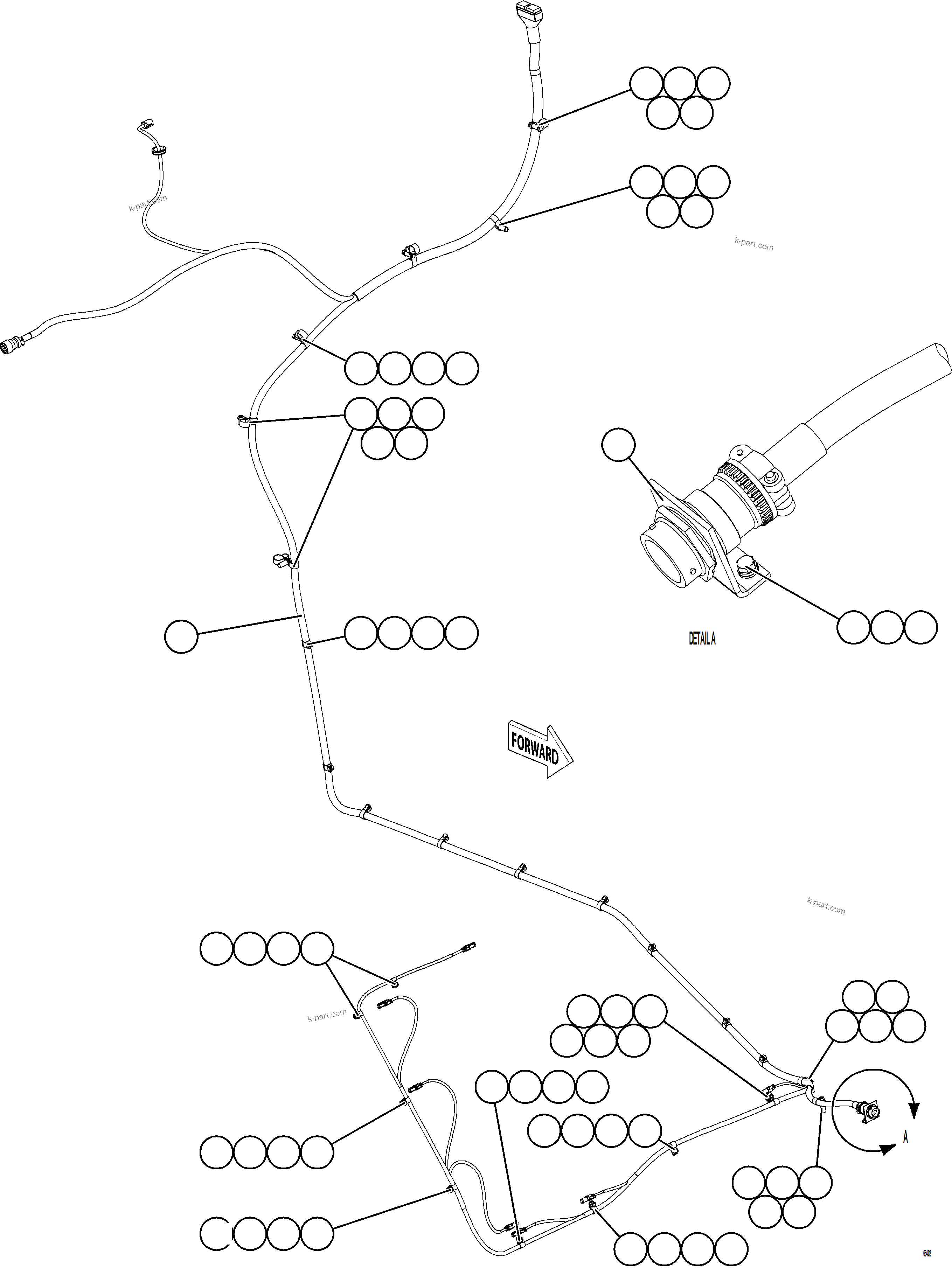 Komatsu parts book diagram for AFE77-D 830E-5 S/N A50007 & A50018  UNITED TACONITE: RIGHT FRONT FRAME RAIL HARNESS