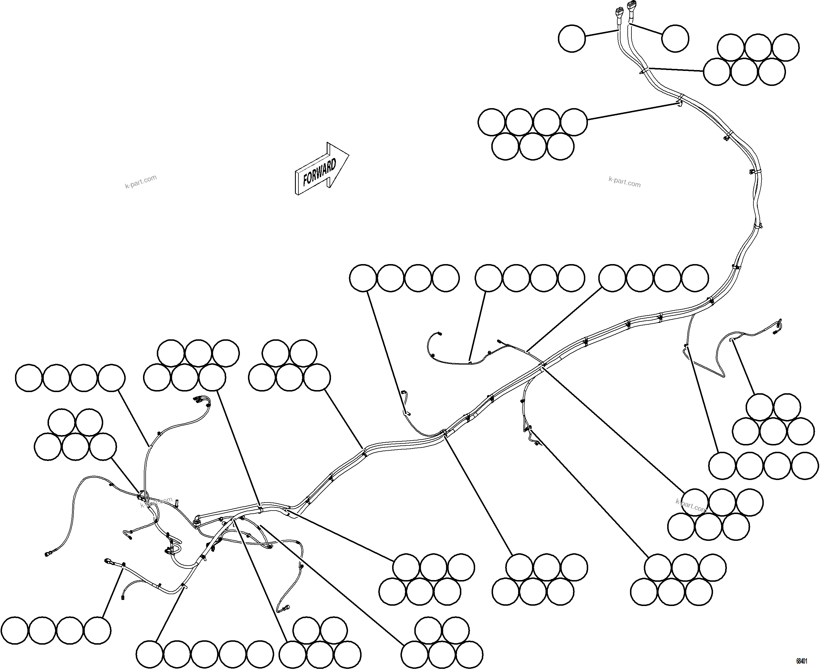 Komatsu parts book diagram for AFE77-D 830E-5 S/N A50007 & A50018  UNITED TACONITE: RIGHT REAR FRAME RAIL HARNESS