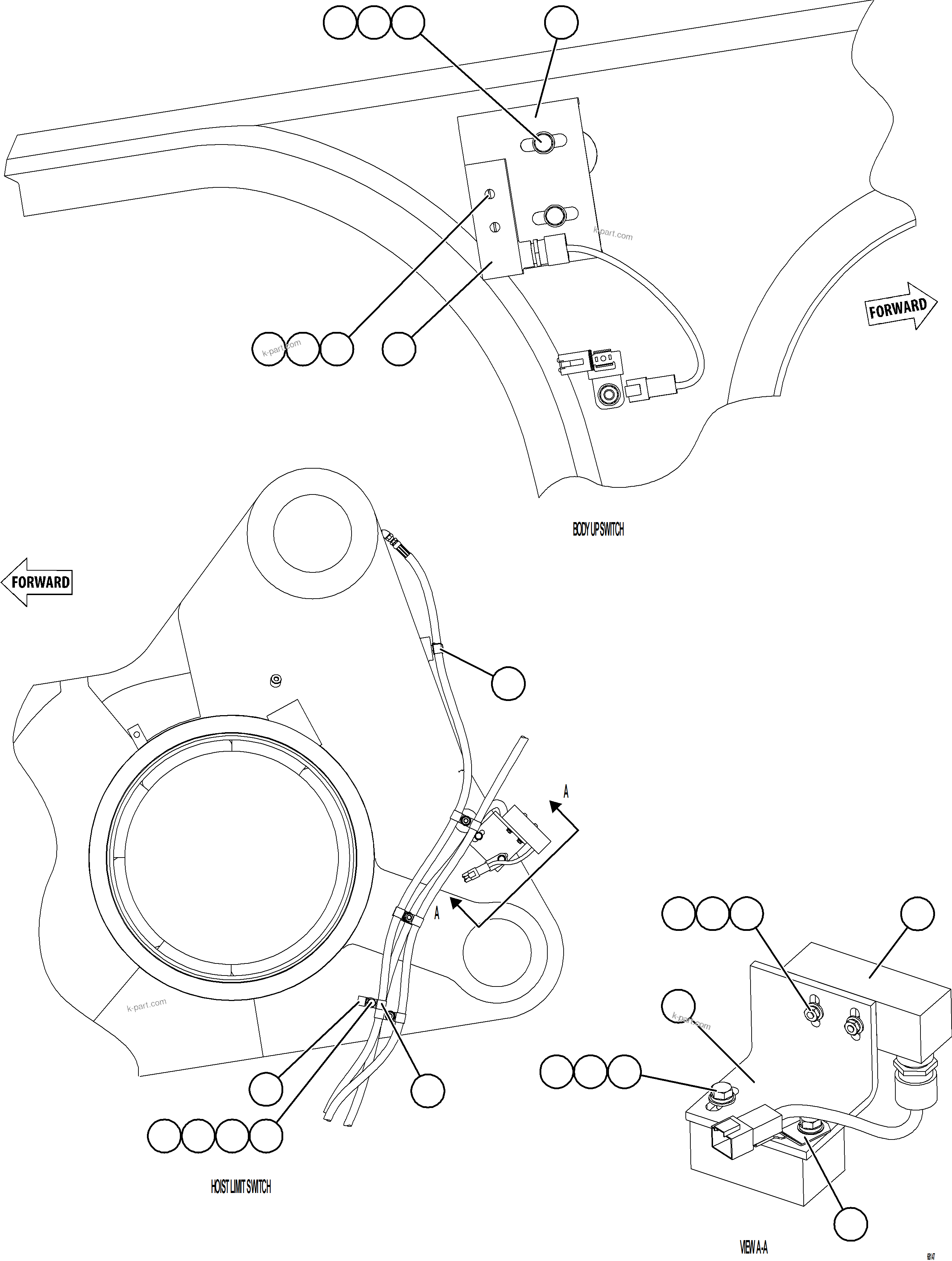Komatsu parts book diagram for AFE78-E 930E-5 S/N A40022, A40024 - A40025  TECK: BODY UP & HOIST LIMIT SWITCH INSTALLATION
