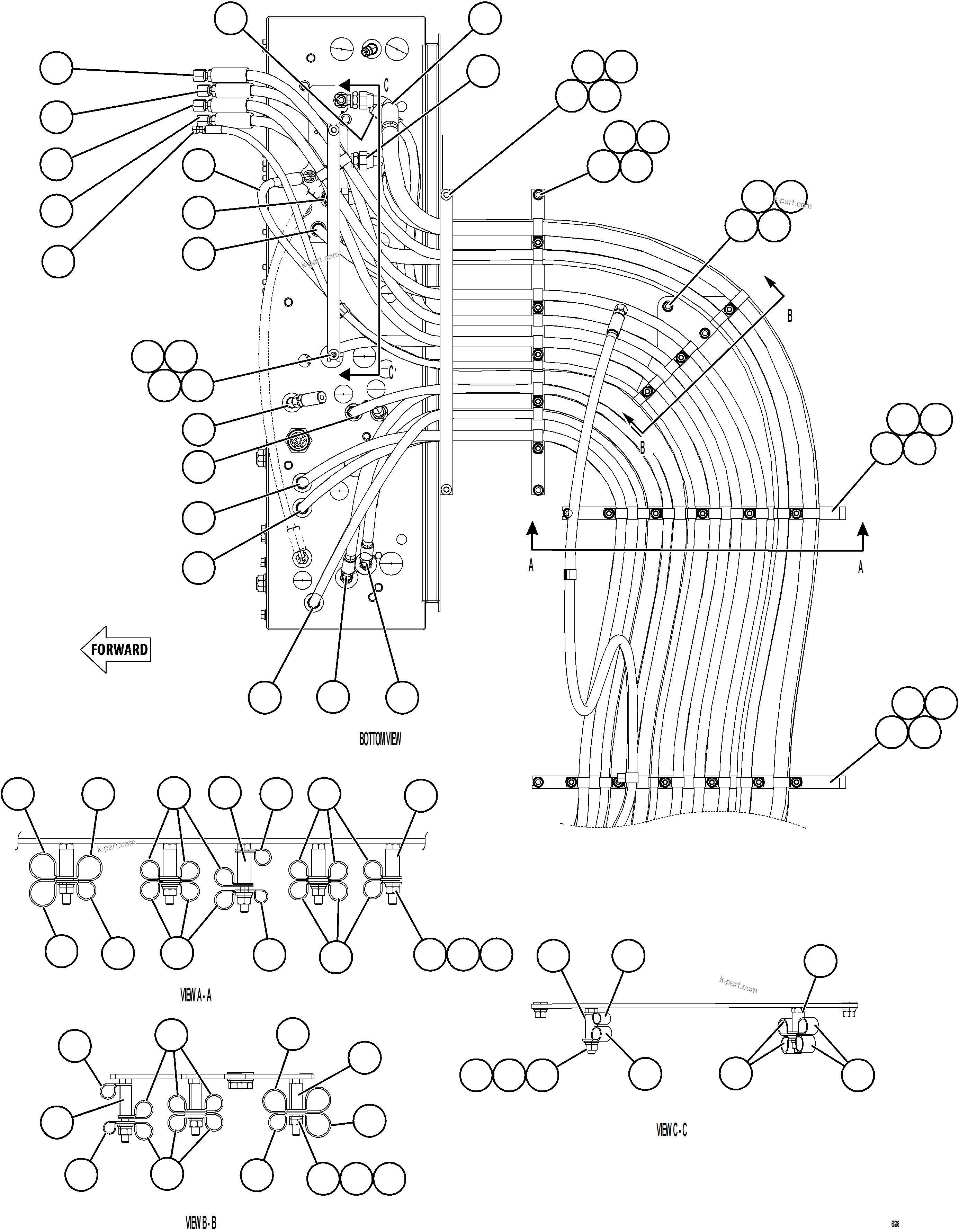 Komatsu parts book diagram for AFE78-E 930E-5 S/N A40022, A40024 - A40025  TECK: HYDRAULIC BRAKE CABINET HOSE ROUTING    1/2
