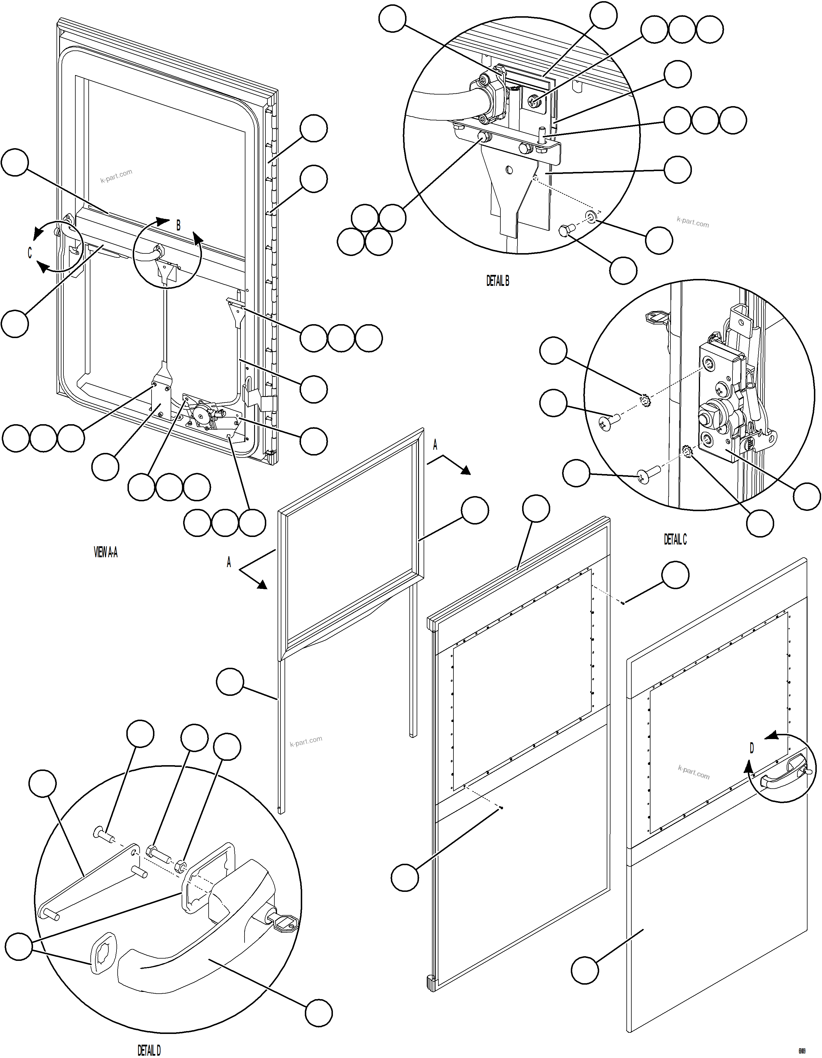 Komatsu parts book diagram for AFE78-S 930E-5 S/N A40078 - A40079  BOLIDEN: DOOR ASSEMBLY - RH    58E-54-30636