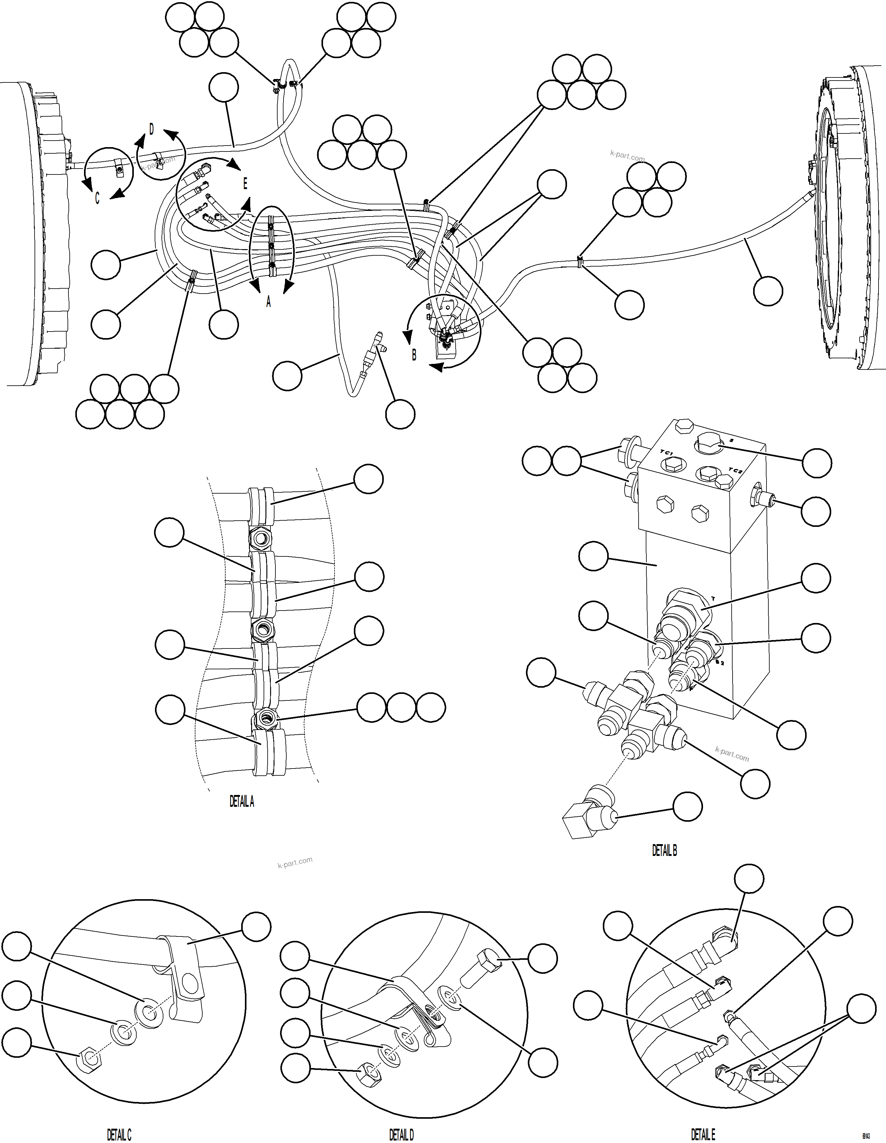 Komatsu parts book diagram for AFE78-X 930E-5 S/N A40089  IOCC: REAR BRAKE DUAL RELAY VALVE PIPING & INSTALLATION