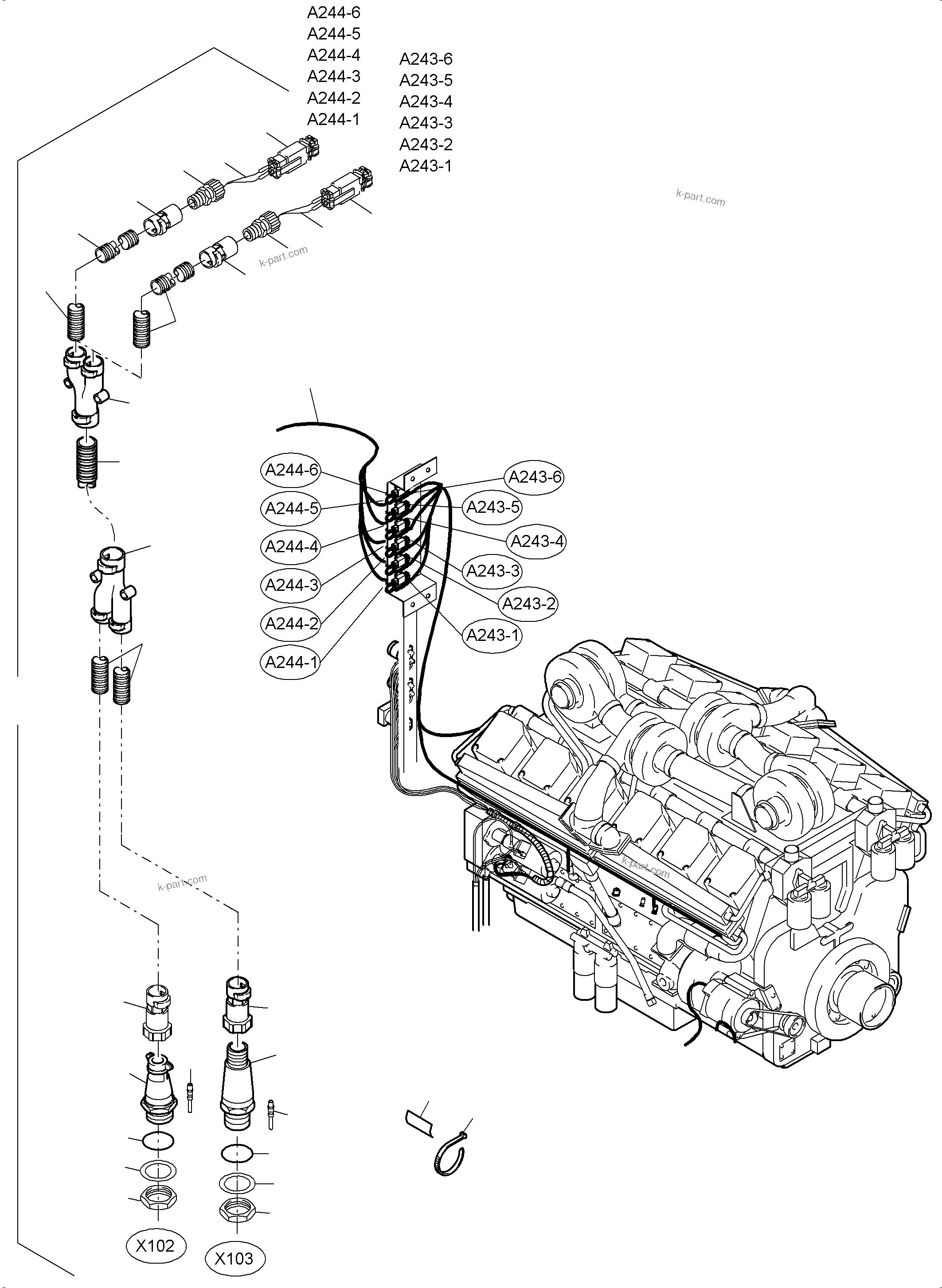 Komatsu parts book diagram for PC3000-6 S/N 06267: CABLES - ENGINE AND TRANSMITTER