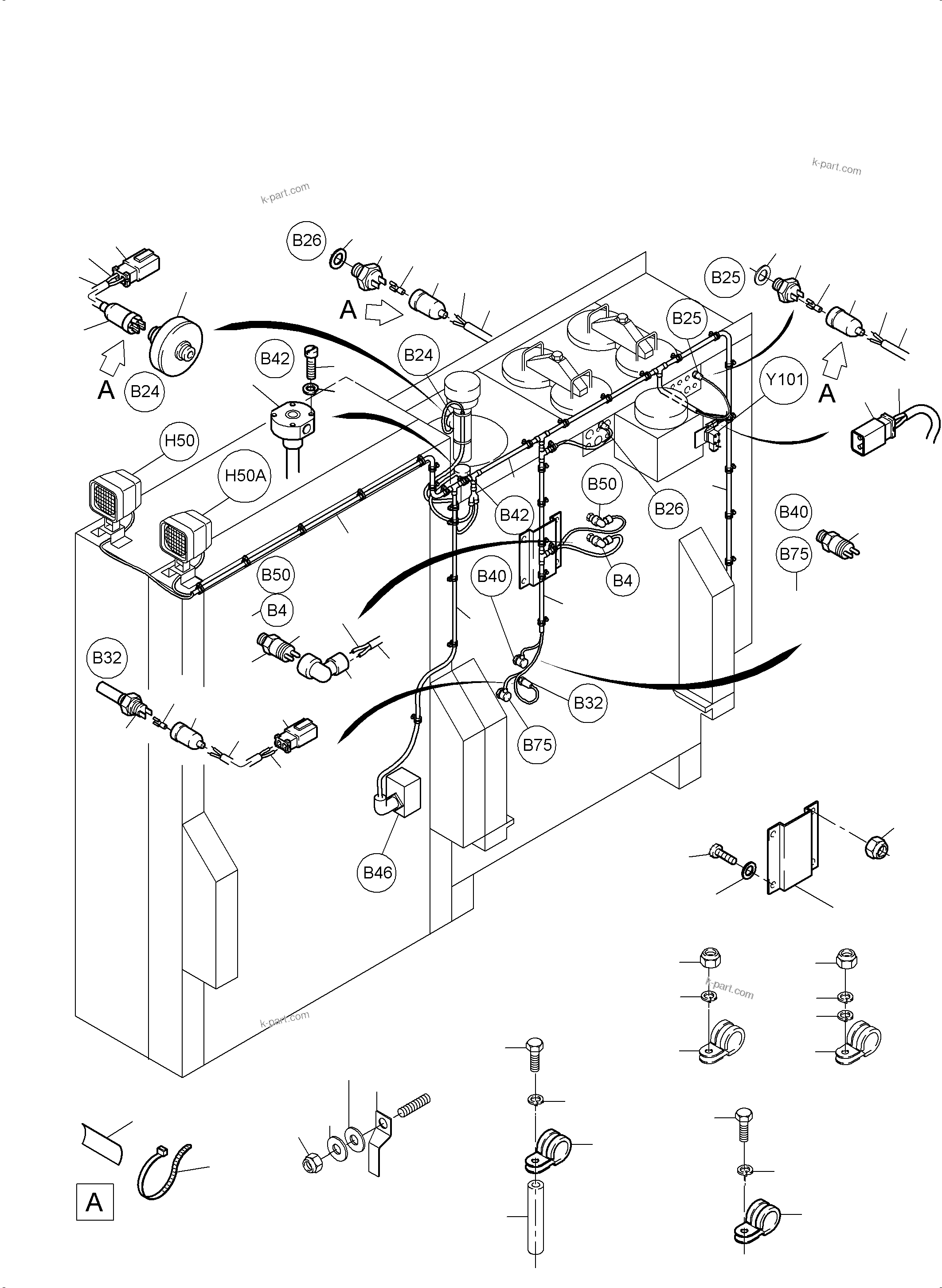 Komatsu parts book diagram for PC3000-6 S/N 06271: CABLES - OIL TANK AND SWITCH