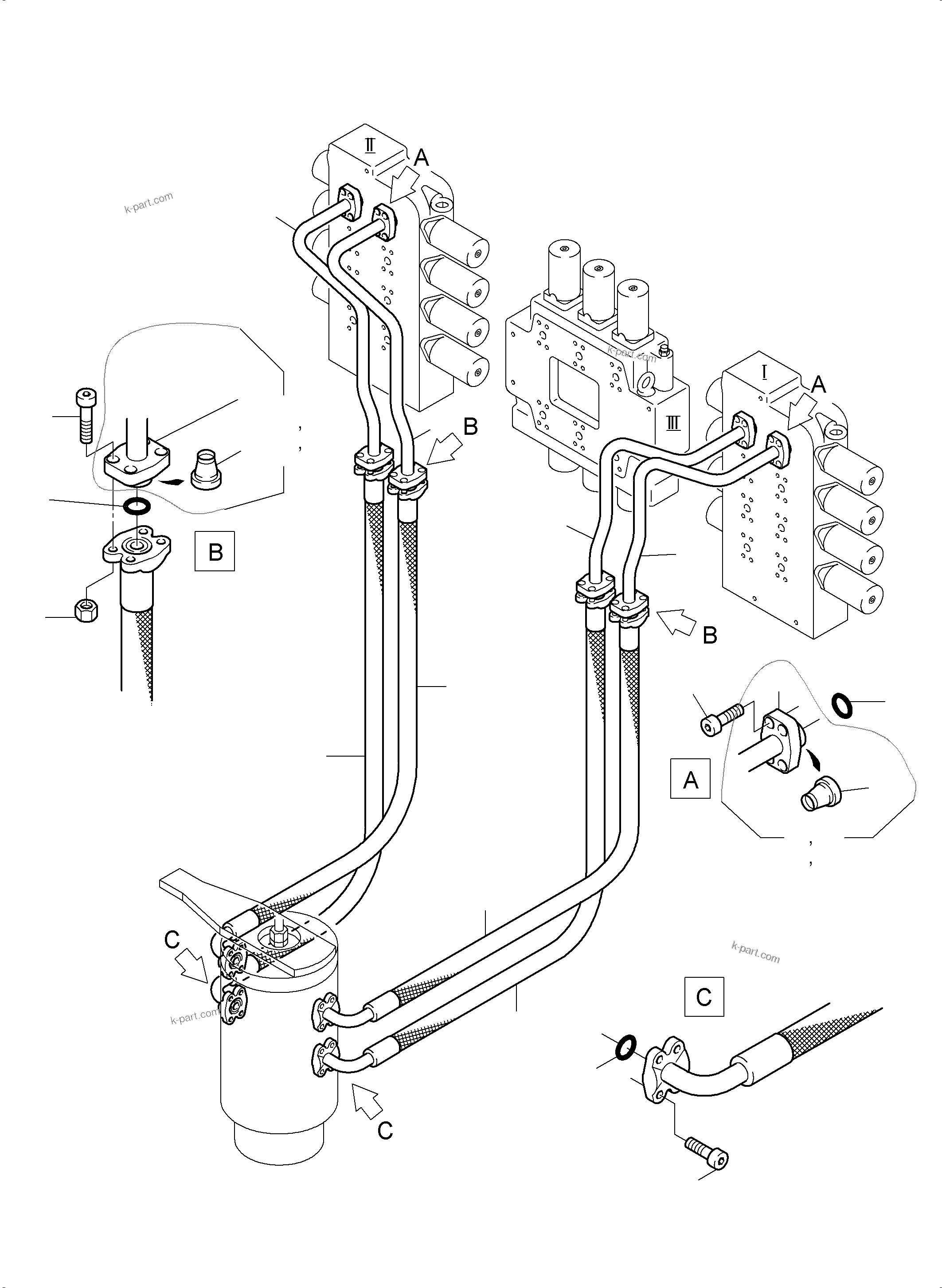 Komatsu parts book diagram for PC3000-6 S/N 06279: PRESSURE LINES (P) CONTROL BLOCKS - ROTARY JOINT