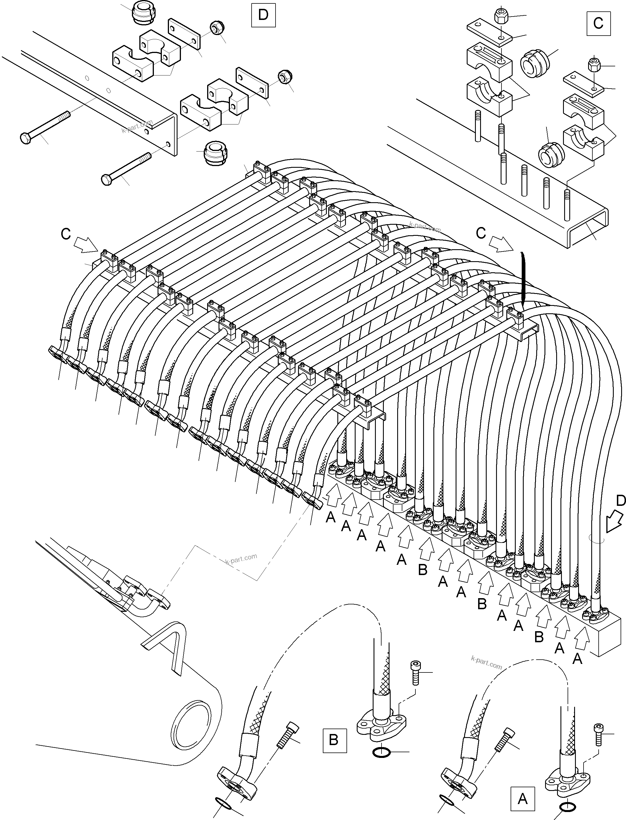 Komatsu parts book diagram for PC3000-6 S/N 06280: HOSES LINES -MANIFOLD - BOOM (BBE)