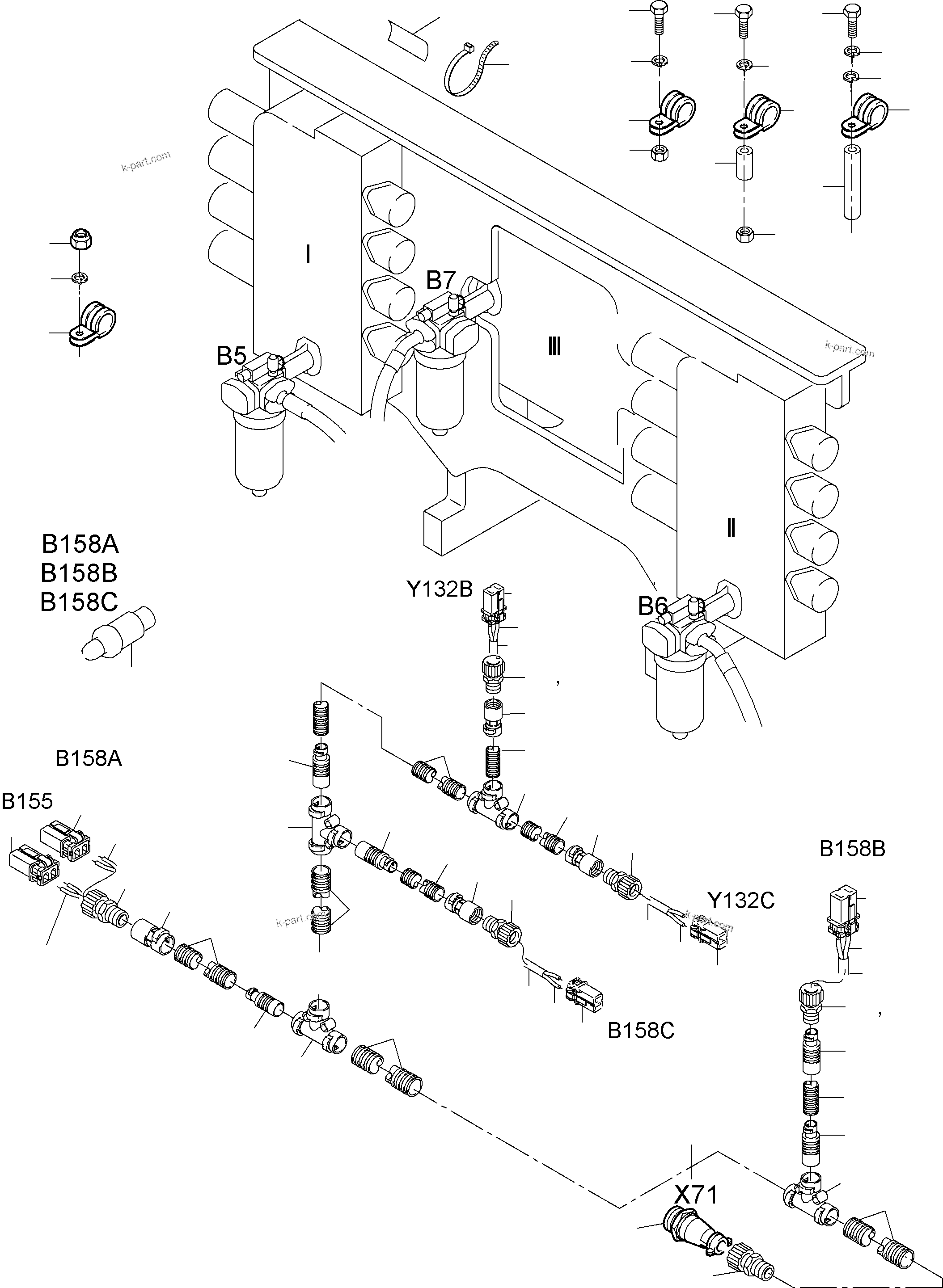 Komatsu parts book diagram for PC3000-6 S/N 06280: CABLES - SUPPORT, CONTROL UNIT - H.P. FILTER