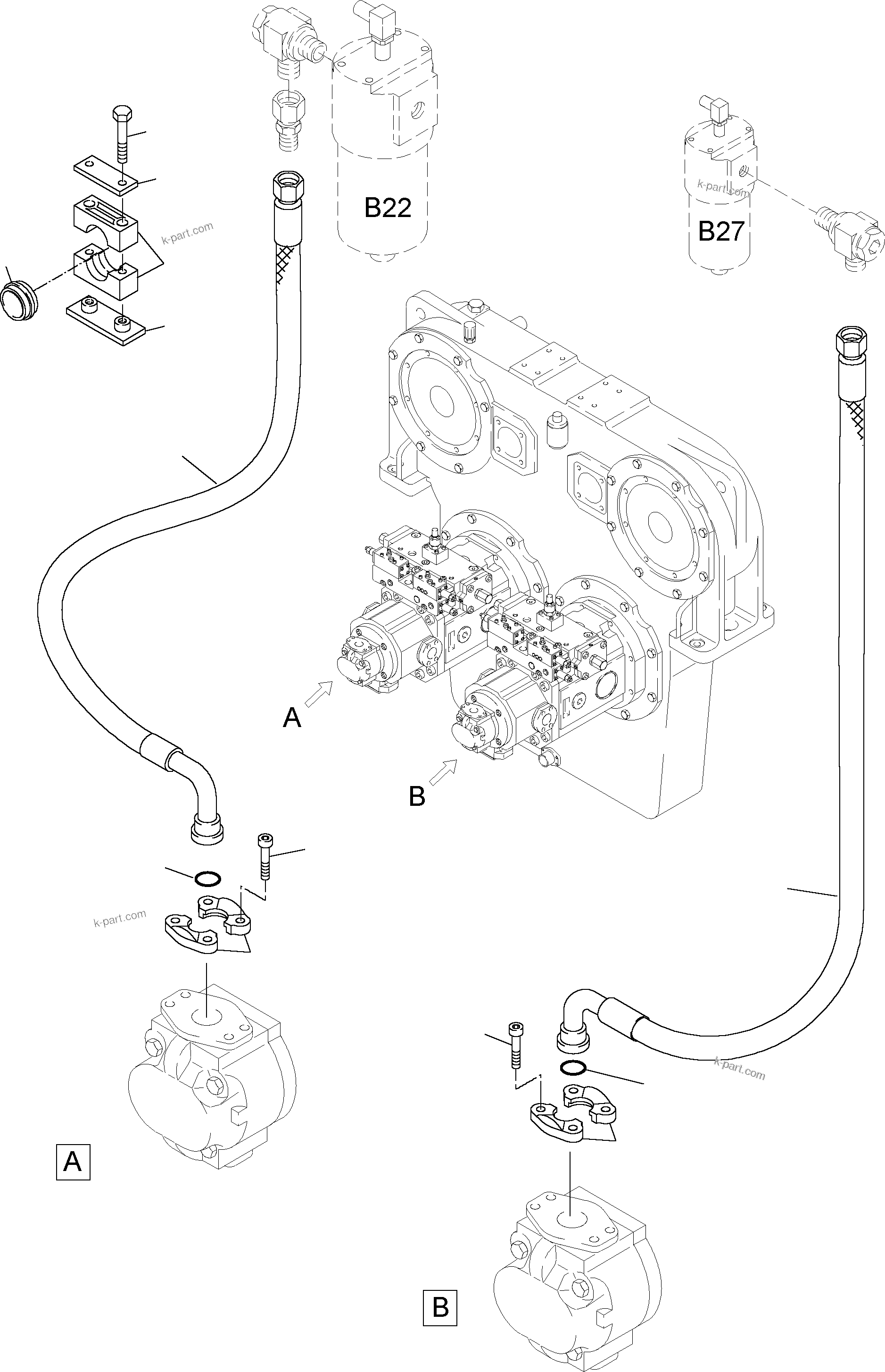Komatsu parts book diagram for PC4000-6 S/N 08195: PRESSURE LINES - GEAR OIL AND PILOT OIL PUMP