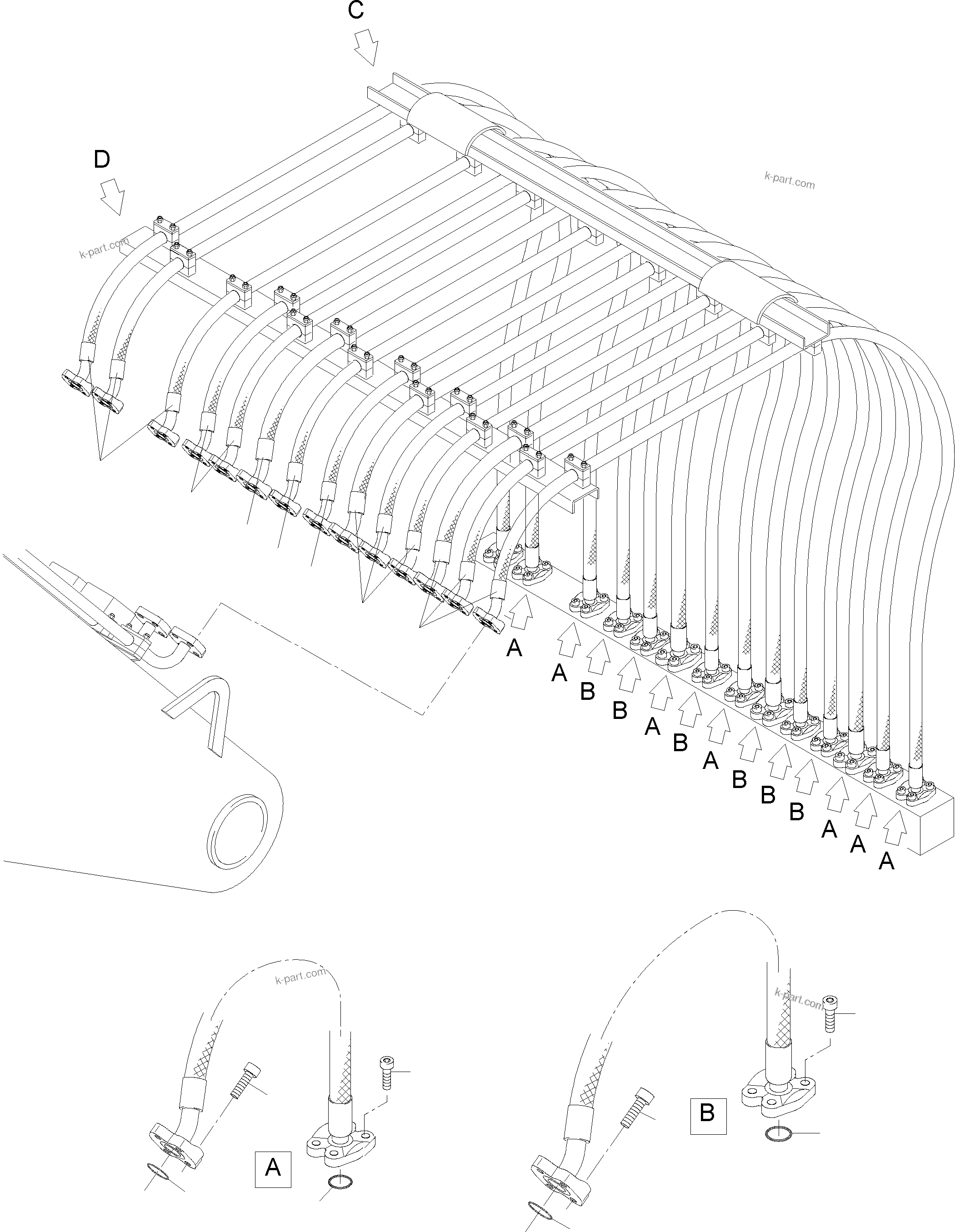 Komatsu parts book diagram for PC4000-6 S/N 08195: HOSES ASSY. - MANIFOLD- BOOM